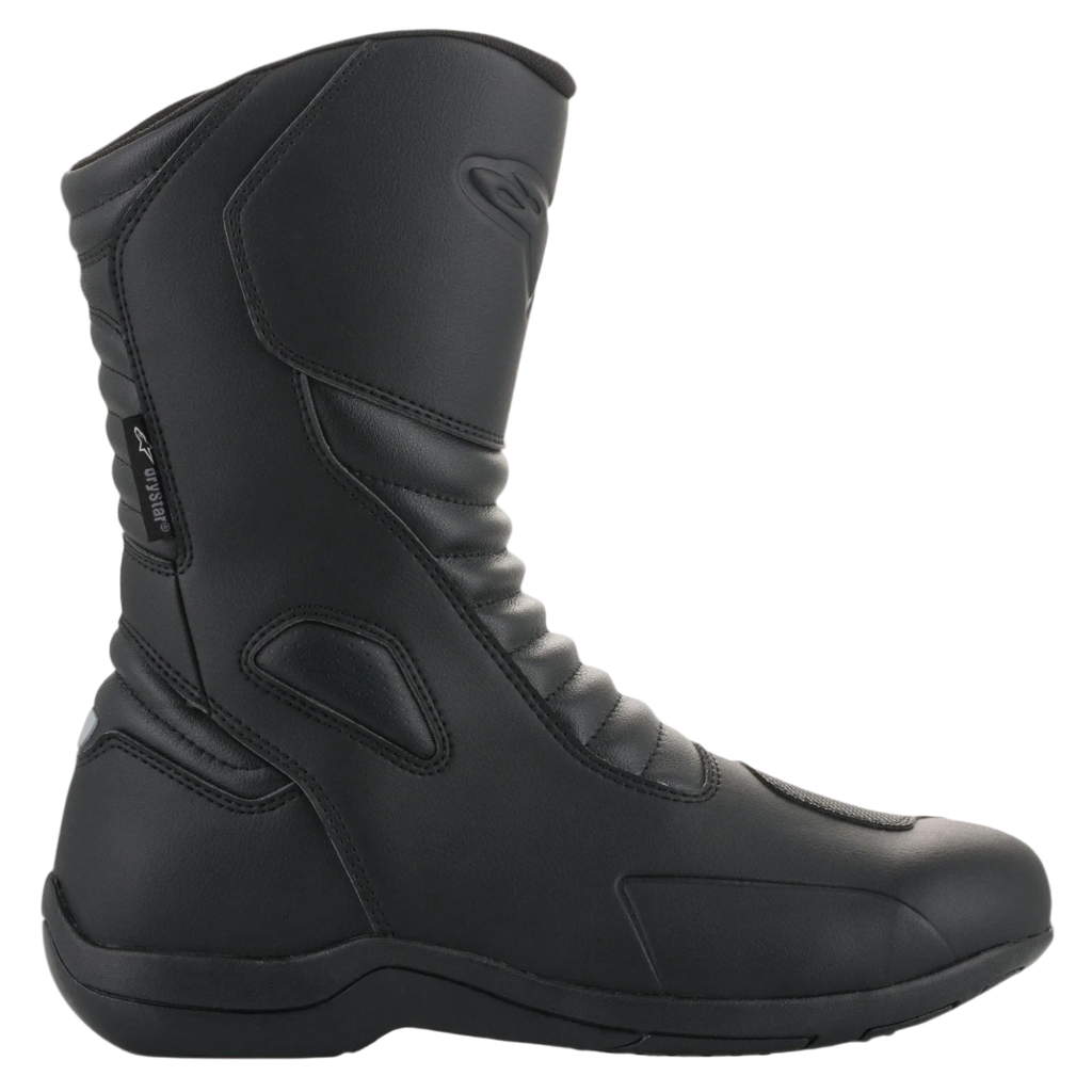 Alpinestars Origin Drystar Boots, Black Motorcycle Boots, side profile view, waterproof touring footwear with microfiber upper and accordion flex panels for flexibility.