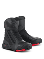 Alpinestars RT-7 Drystar Boots, Motorcycle Touring Boots, Black and Red, featuring waterproof Drystar membrane, durable textile and microfiber construction, red lugged soles, and protective reinforced areas for all-terrain adventure