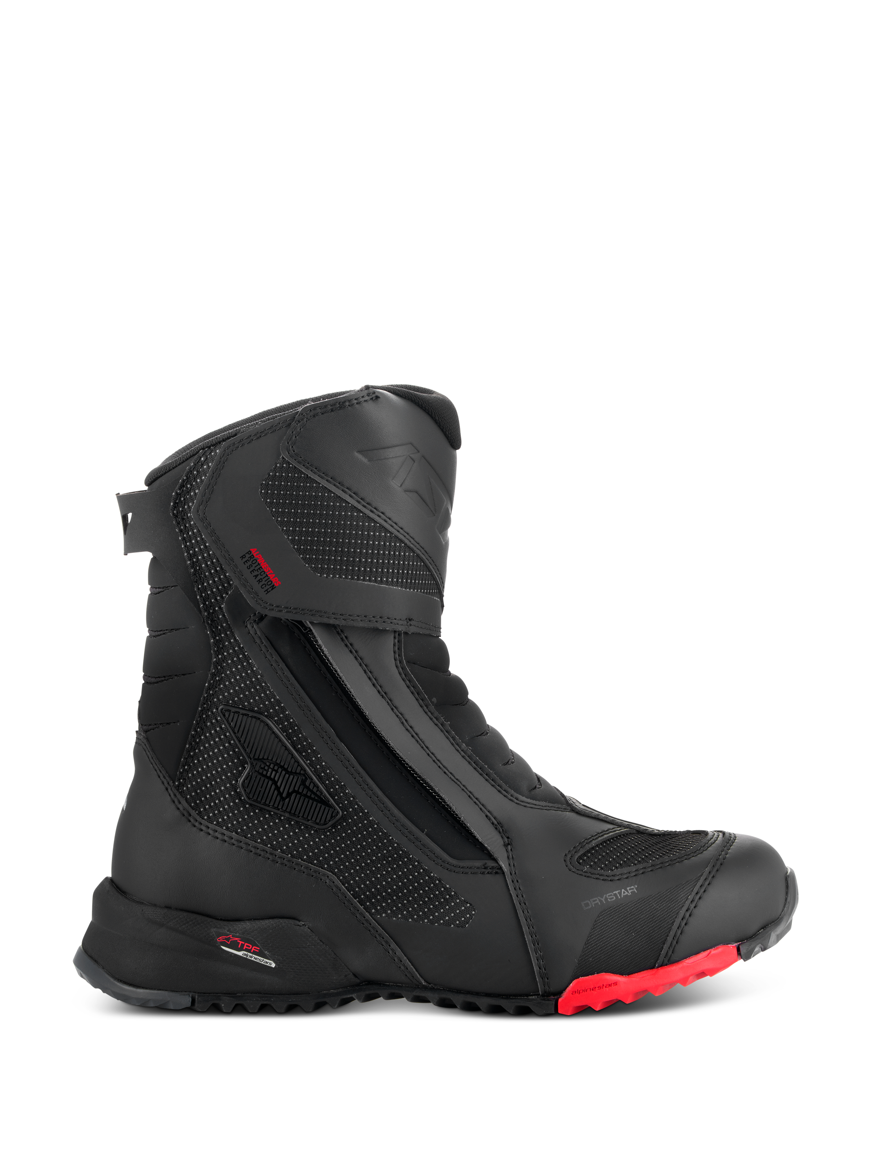 Alpinestars RT-7 Drystar Boots, Motorcycle Touring Boots, Black with Red Sole Accent, Waterproof and Breathable, Side Profile featuring Lateral Zip and Hook-and-Loop closure, Textured Textile Panels with Reflective Dots, Rugged Lugged Sole, Advanced Synthetic Construction