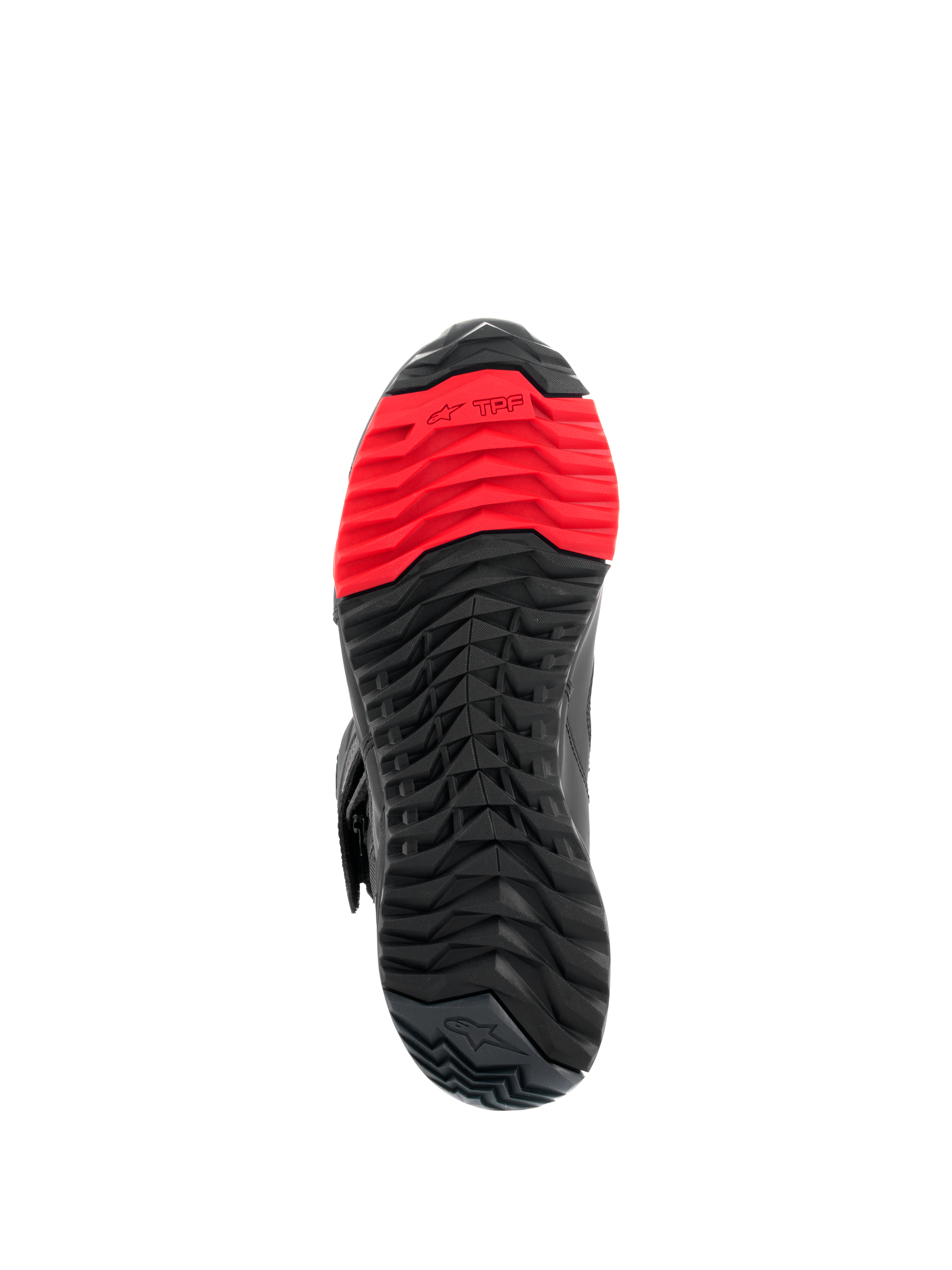 Alpinestars RT-7 Drystar® Boots, Sole View, Rugged black and red lugged tread pattern, featuring the TPF Transversal Protection Frame logo on the forefoot, designed for riding and walking comfort