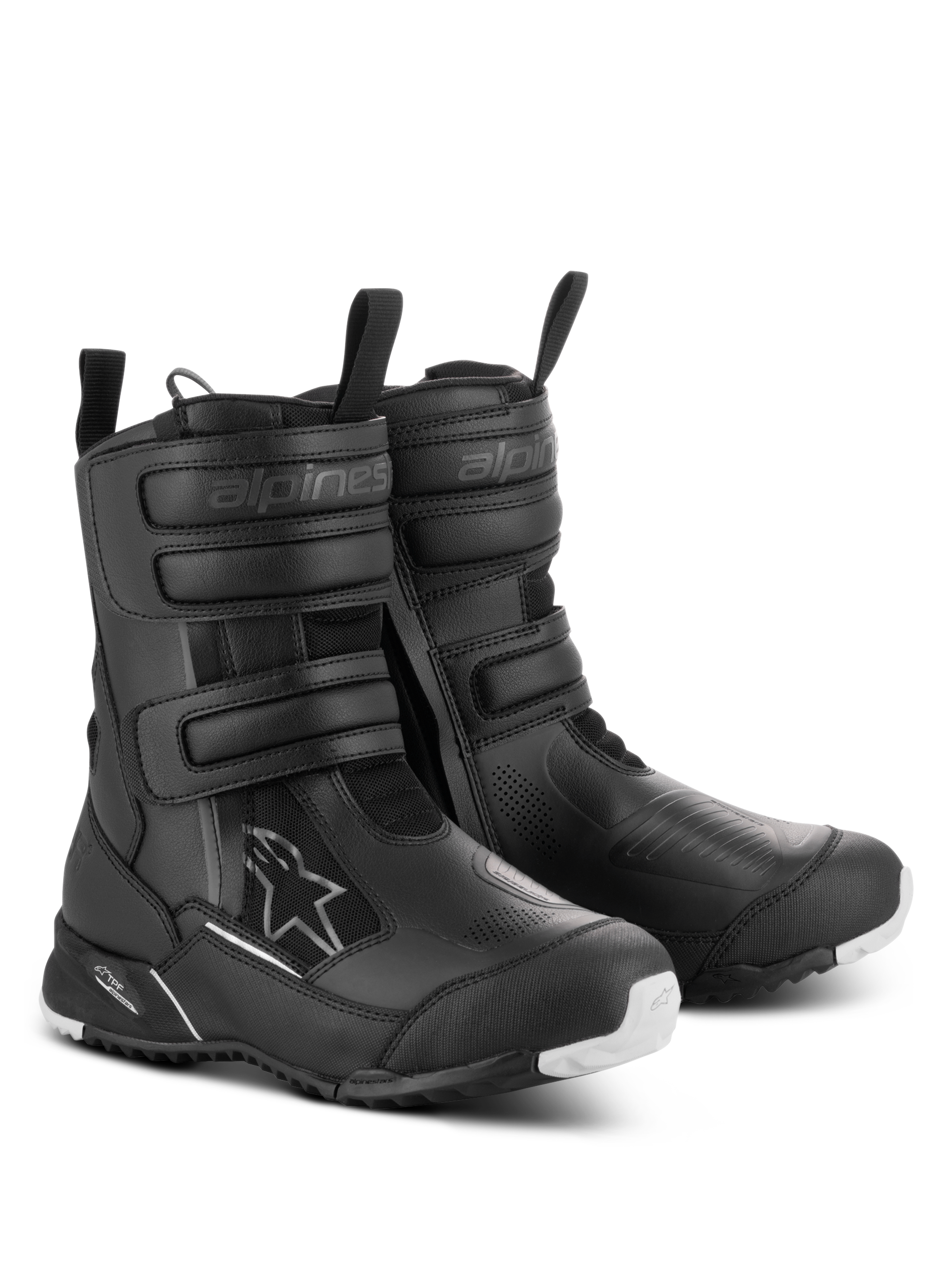 Alpinestars Women Stella RT-7 Touring Drystar® Boots, Black, waterproof motorcycle touring boots featuring triple Velcro straps, double-zip entry, and a rugged outsole with white accents.