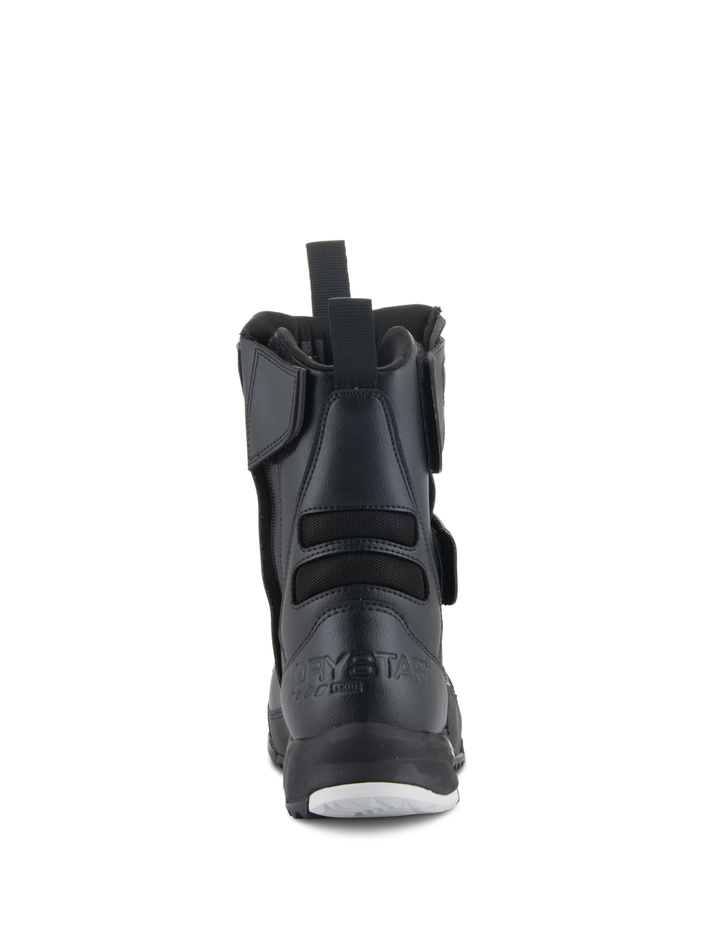 Alpinestars Women Stella RT-7 Touring Drystar® Boots, Women's Motorcycle Boots, Black, rear view featuring embossed Drystar branding on the heel, rear pull tab, and flexible textile bellows for enhanced movement.