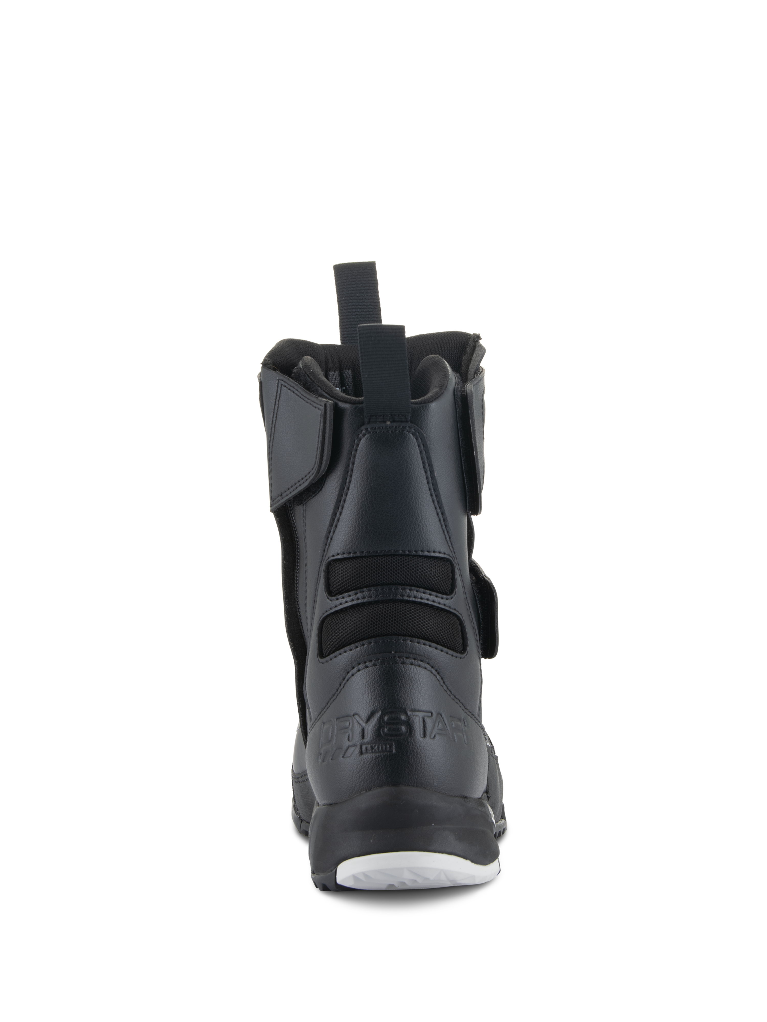 Alpinestars Women Stella RT-7 Touring Drystar® Boots, Women's Motorcycle Boots, Black, rear view featuring embossed Drystar branding on the heel, rear pull tab, and flexible textile bellows for enhanced movement.