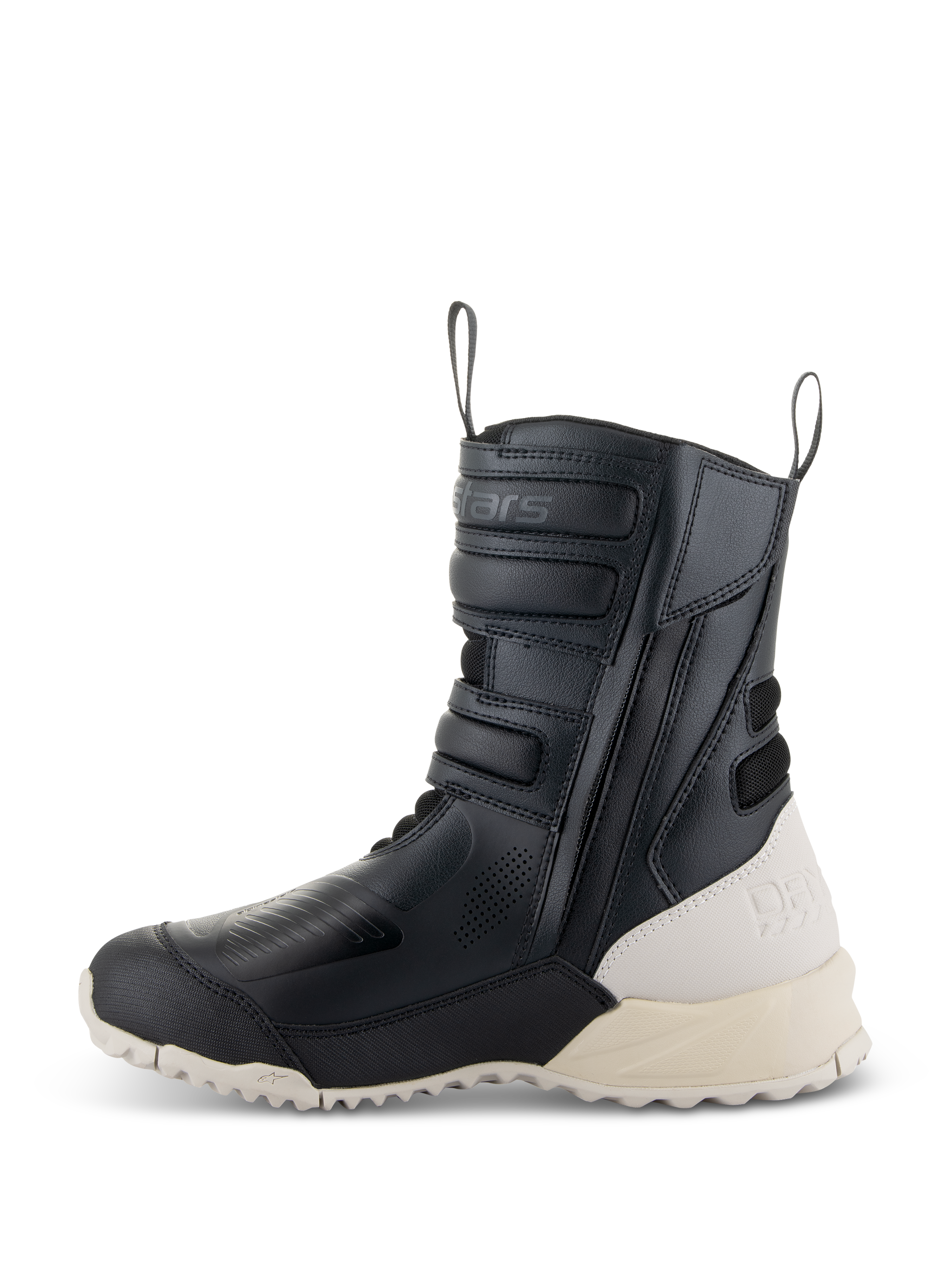 Alpinestars Damen Stella RT-7 Touring Drystar® Stiefel, Schwarz und Weiß, Seitenansicht eines hohen Touren-Motorradstiefels aus Mikrofaser, seitlicher Reißverschluss mit verstellbaren Laschen, kontrastierende cremeweiße Ferse und Sohle