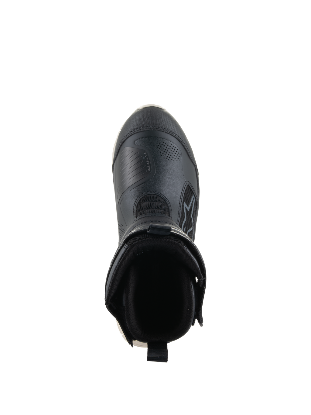Alpinestars Stella RT-7 Touring Drystar® Stiefel, Motorrad-Tourenstiefel für Damen, Schwarz und Weiß, Draufsicht mit Blick in die Stiefelöffnung, mit gepolstertem Kragen, hinterer Zuglasche und strapazierfähigem Mikrofaser-Obermaterial mit Alpinestars-Branding.