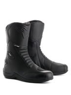 Alpinestars Andes V2 Drystar Boots, Black Motorcycle Touring Boots, waterproof leather construction with front and rear accordion flex panels, side entry zipper with flap closure, featuring embossed Alpinestars logo and Drystar branding, durable footwear for road and adventure riding.