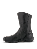 Alpinestars Andes V2 Drystar® Boots, Black Motorcycle Touring Boots, side profile view, waterproof leather construction with reinforced shin guard and accordion flex panels, adventure riding footwear