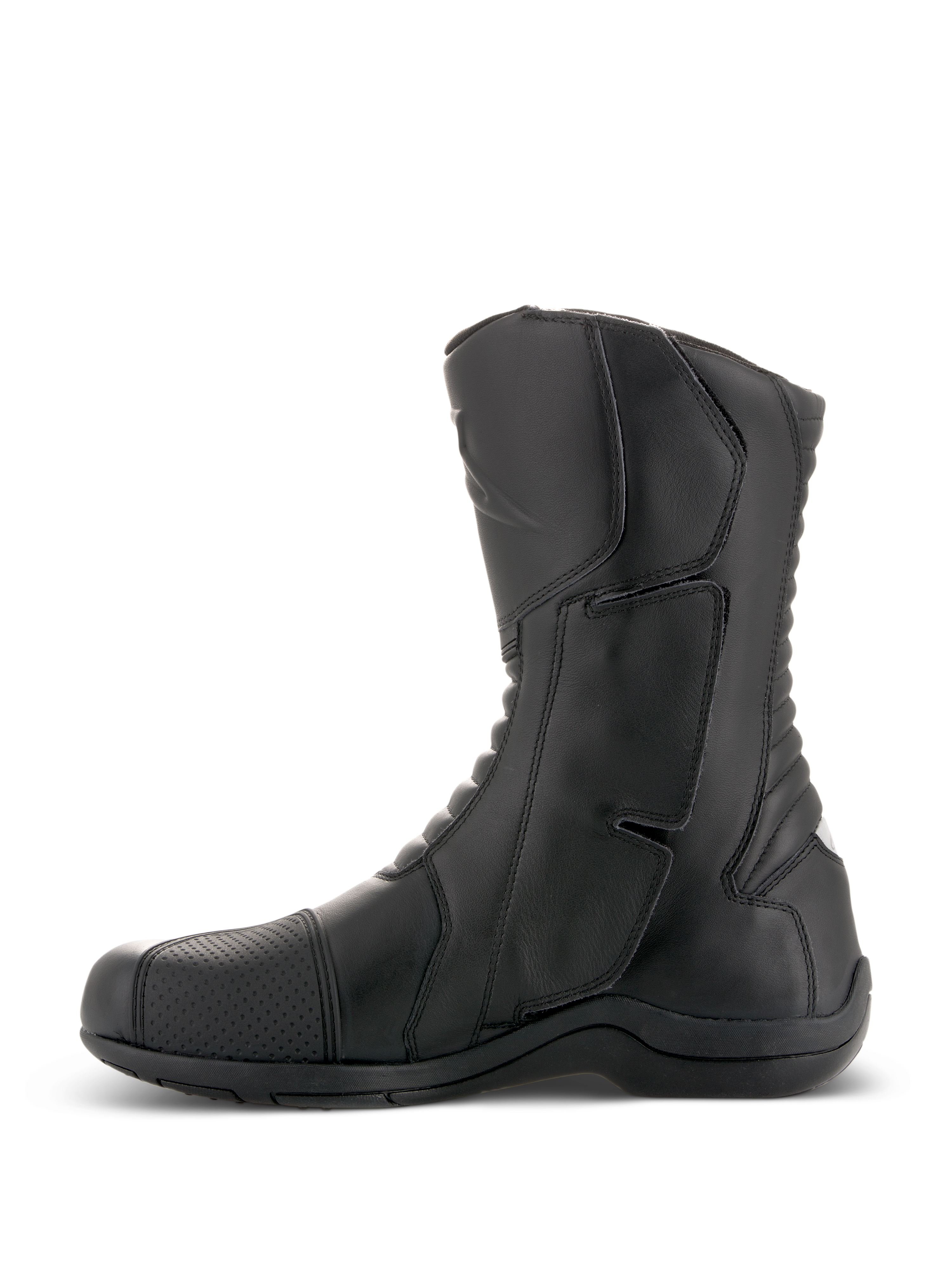 Alpinestars Andes V2 Drystar® Boots, Black Motorcycle Touring Boots, side profile view, waterproof leather construction with reinforced shin guard and accordion flex panels, adventure riding footwear