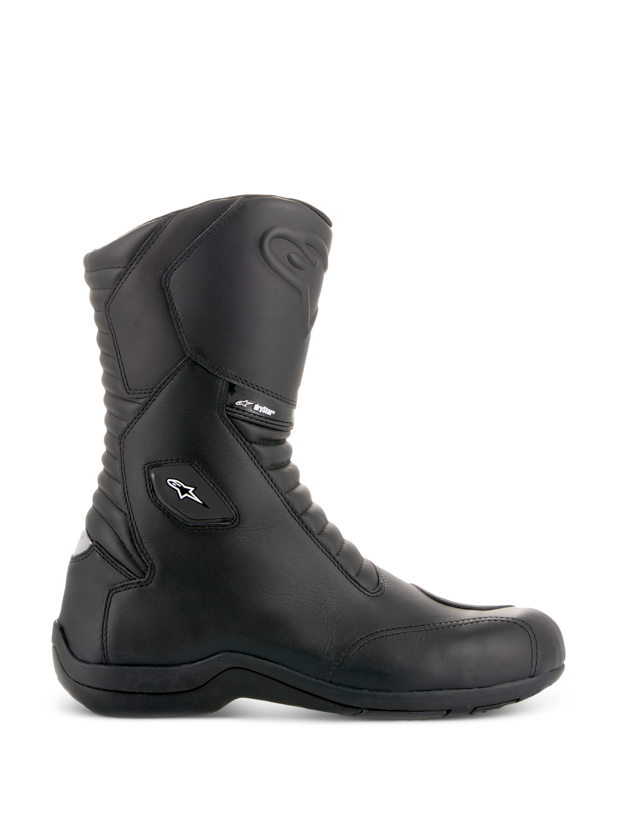 Bottes Alpinestars Andes V2 Drystar, bottes de moto touring noires, design à tige haute, construction en cuir imperméable, panneaux flexibles en accordéon à l'avant et à l'arrière, logo étoile blanc et marquage Drystar, semelle noire robuste, protection renforcée à la cheville et aux orteils