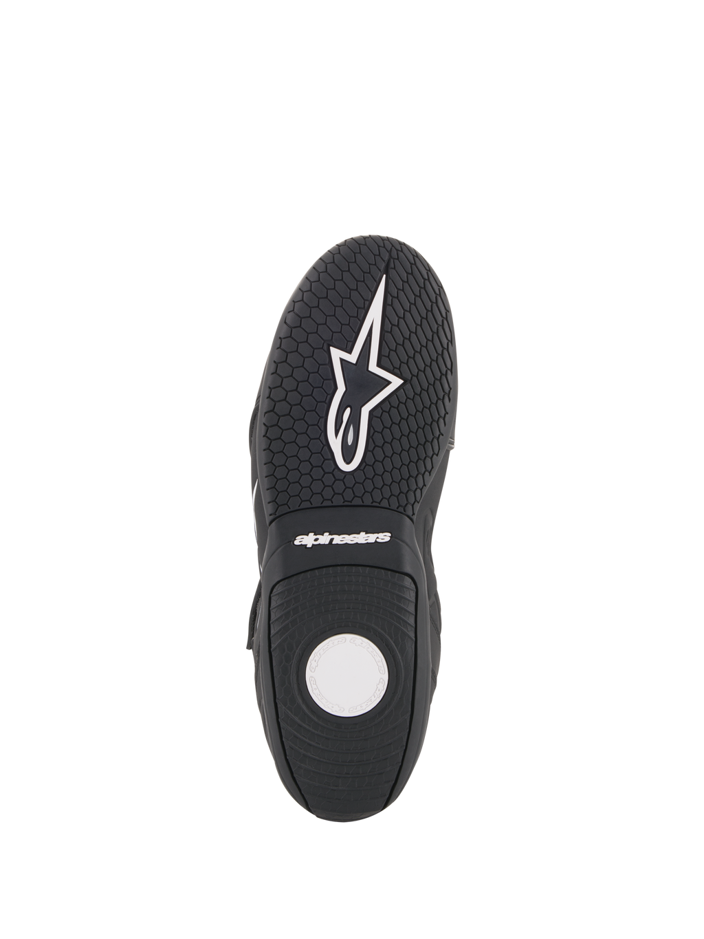 Alpinestars Fastback 2 Drystar® wasserdichte Schuhe, Motorradschuhe, Schwarz und Weiß, Sohlenansicht mit strukturierter Gummiaußensohle, hexagonalem Profilmuster und weißem Alpinestars-Branding