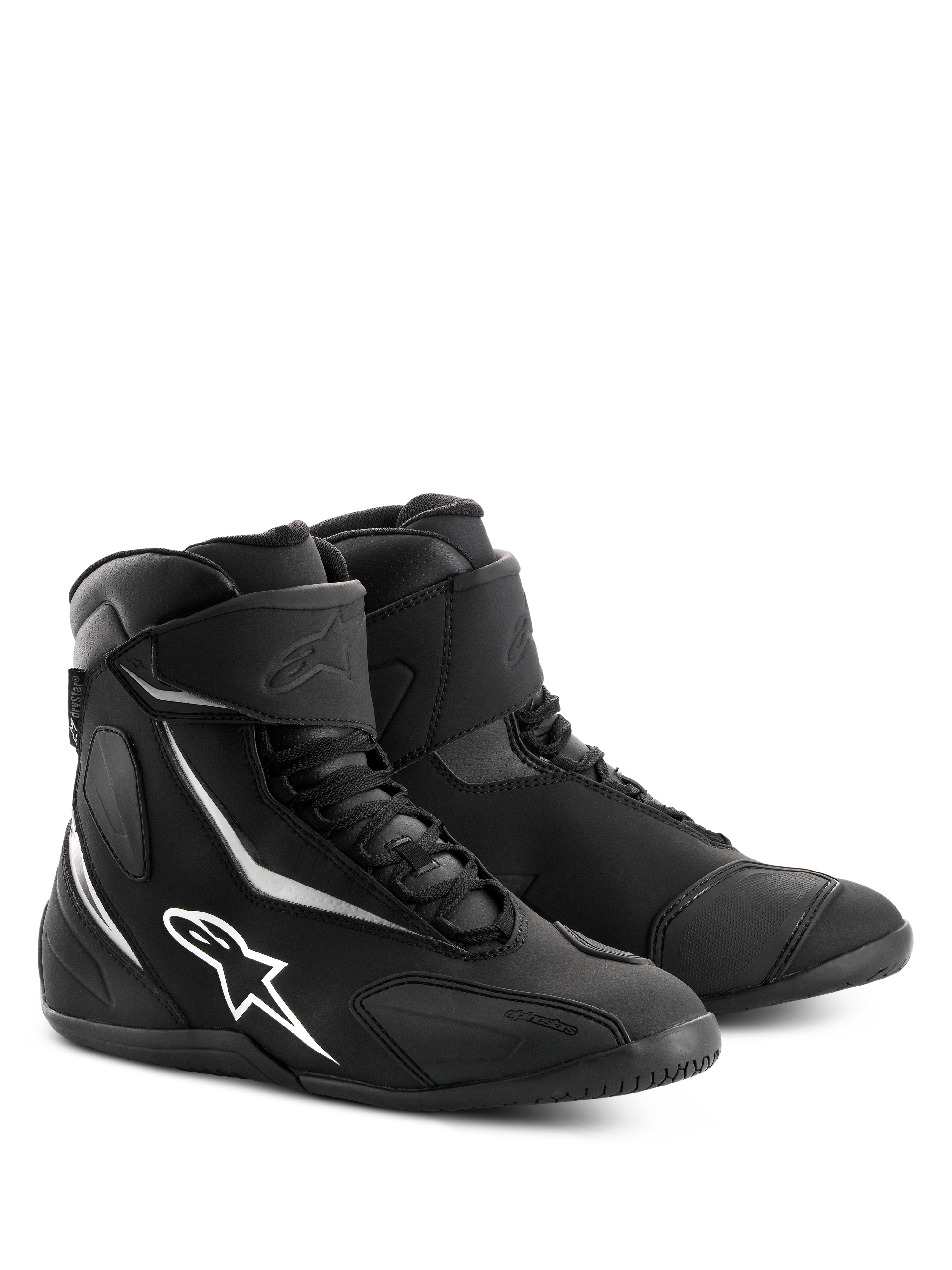 Alpinestars Fastback 2 Drystar® wasserdichte Schuhe, schwarz-weiße Motorradschuhe, High-Top-Design mit weißem Alpinestars-Logo und Akzenten, Schnürverschluss mit Klettverschluss-Knöchelriemen, strapazierfähige Konstruktion für Straßentouren.