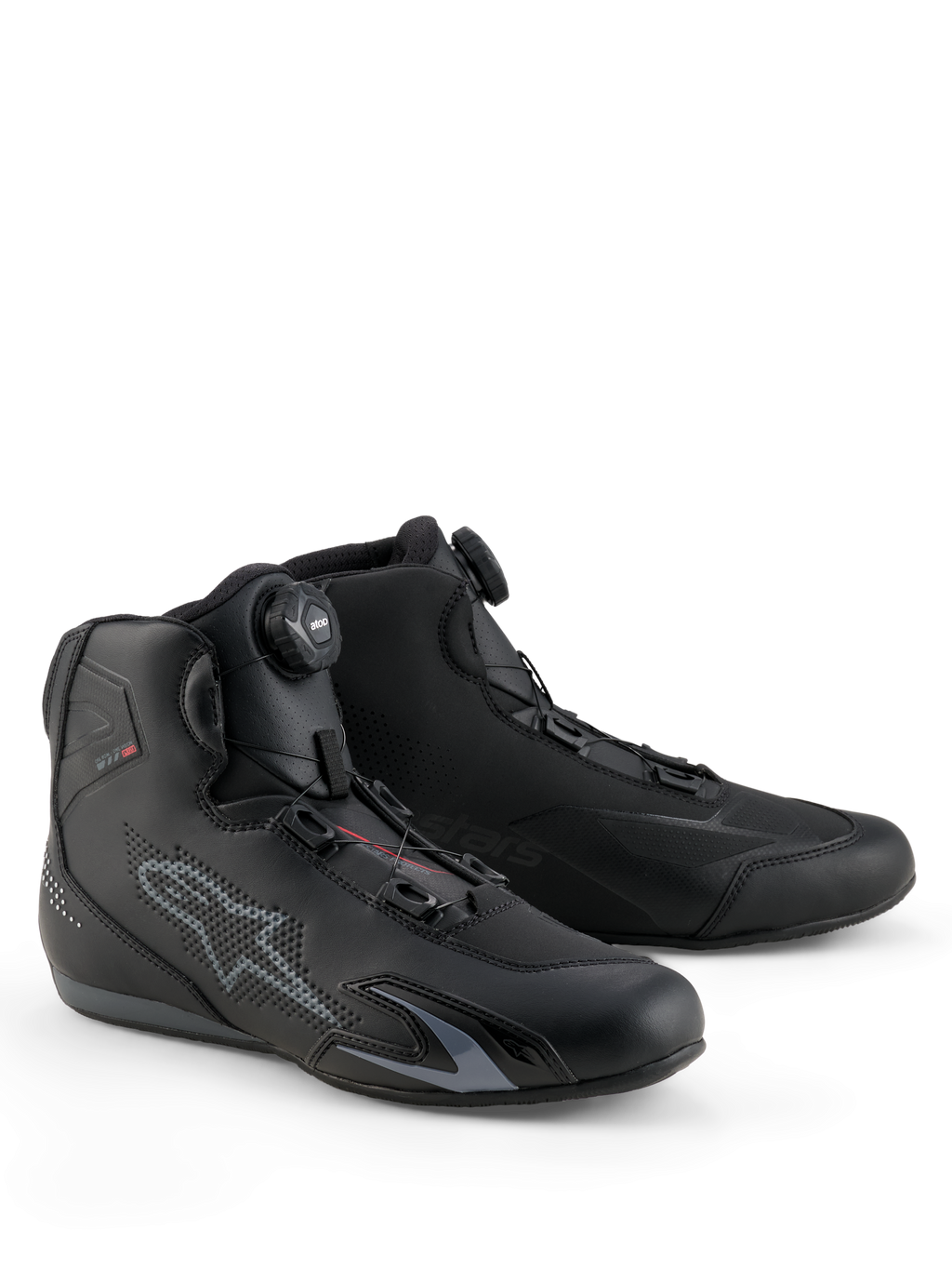Alpinestars Celer Shoes, Motorcycle Riding Shoes, Black and Dark Gray, featuring integrated Rotor Closure System for precision fit, technical microfiber construction with perforated star logo, low-profile sport design for racing and street riding