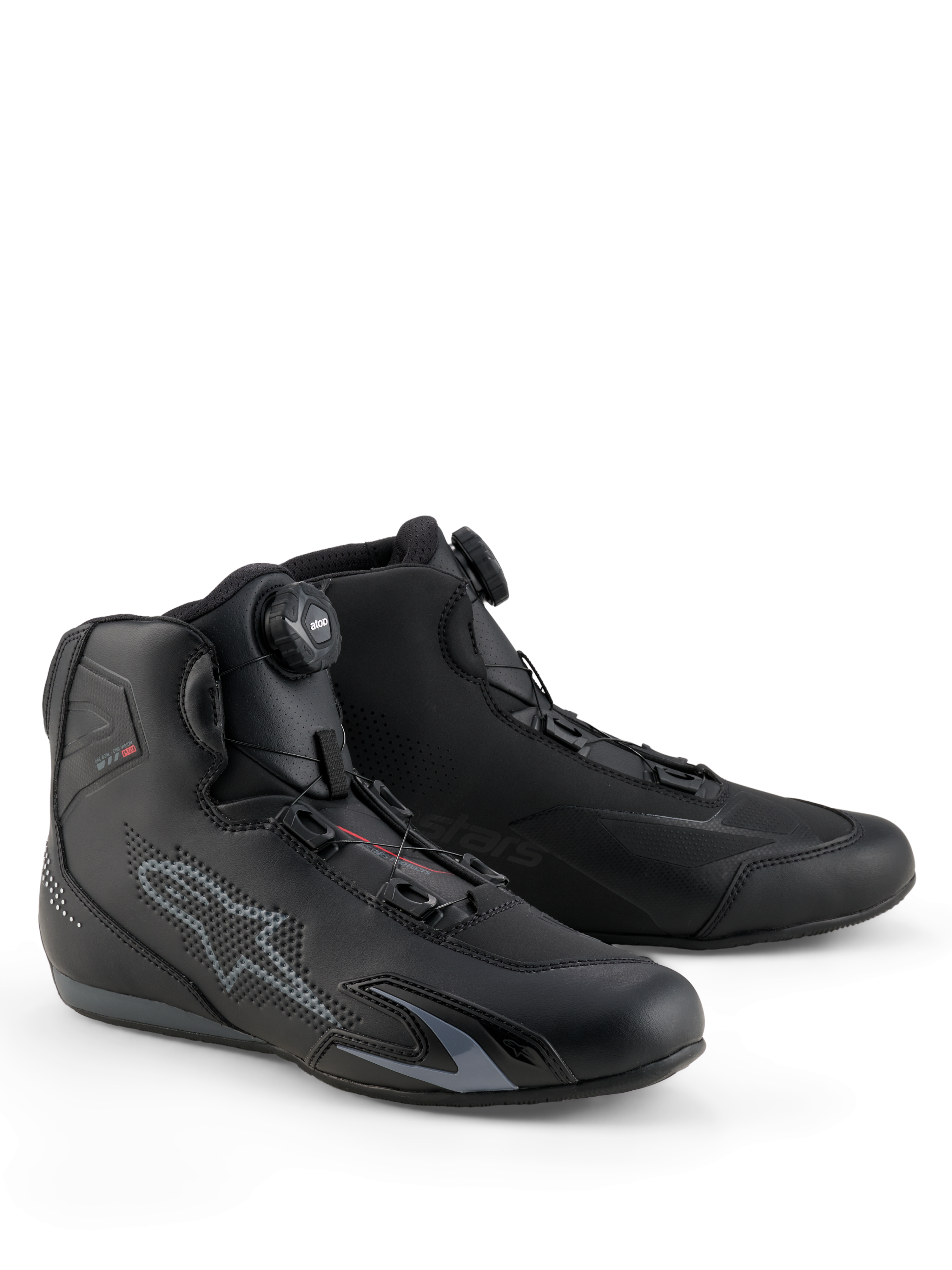 Alpinestars Celer Shoes, Motorcycle Riding Shoes, Black and Dark Gray, featuring integrated Rotor Closure System for precision fit, technical microfiber construction with perforated star logo, low-profile sport design for racing and street riding