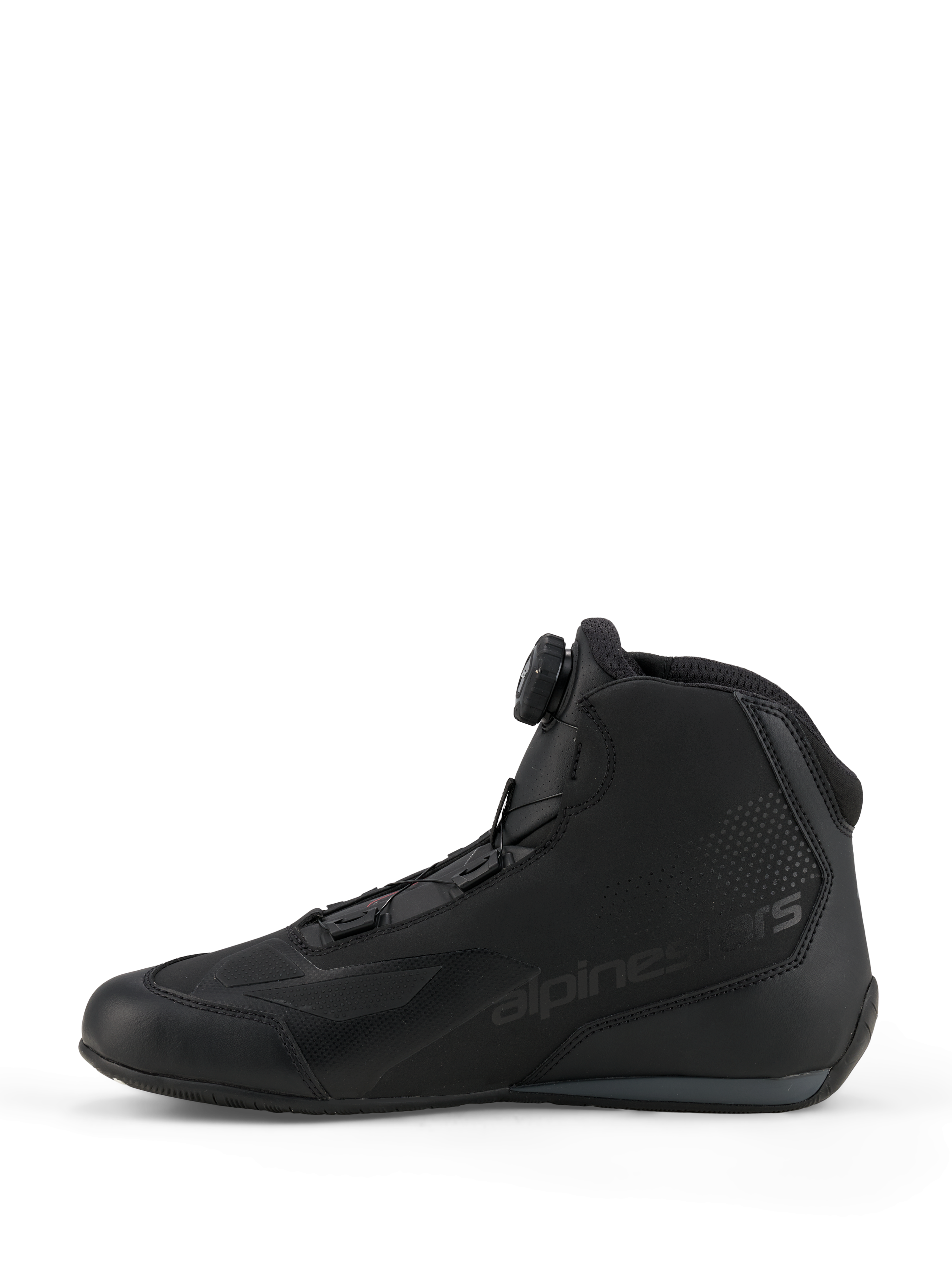 Alpinestars Celer Shoes, Sport and Racing Riding Shoes, Black and Dark Gray, side profile view featuring the integrated Rotor Closure System dial, technical microfiber construction with alpinestars branding, streamlined design for performance