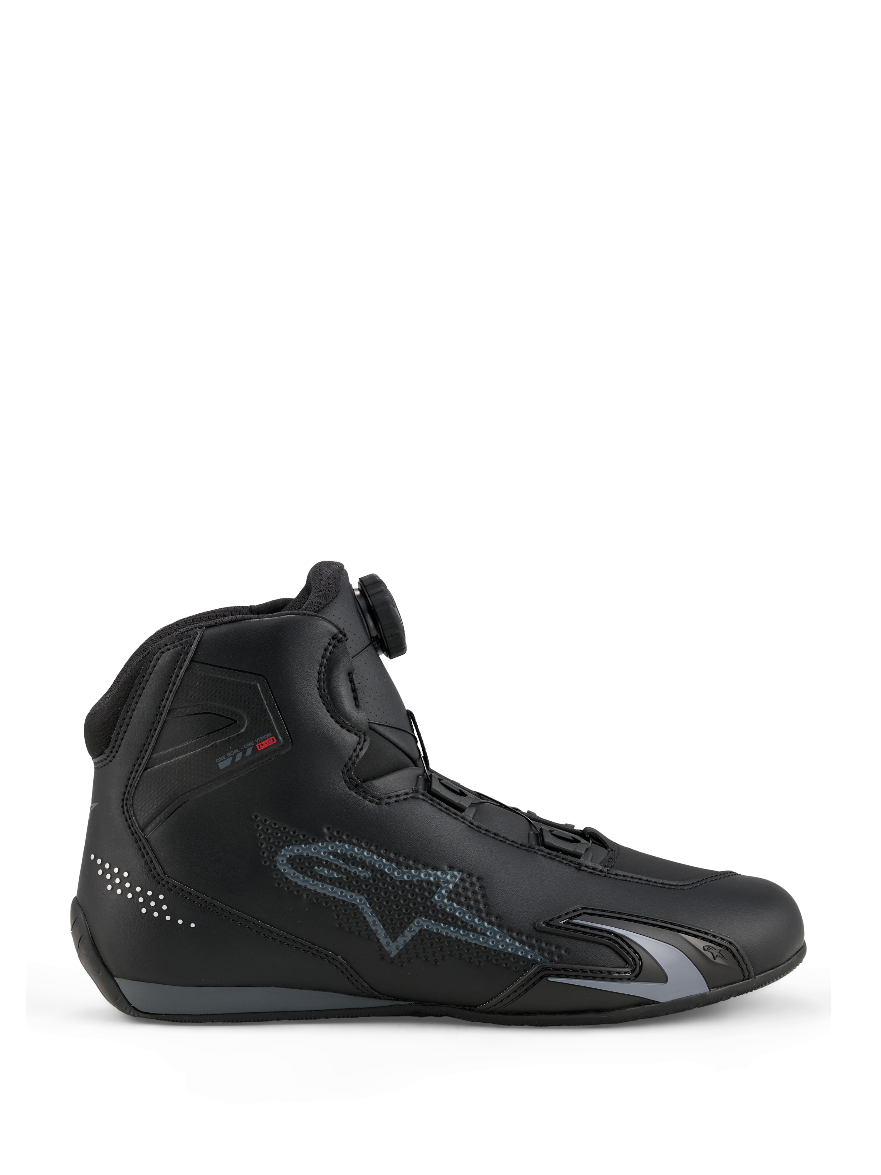 Chaussures Alpinestars Celer, chaussures de moto, noir et gris foncé, vue de profil montrant la molette du système de fermeture Rotor sur la languette, tige en microfibre technique avec logo Alpinestars gris, profil sport et course épuré