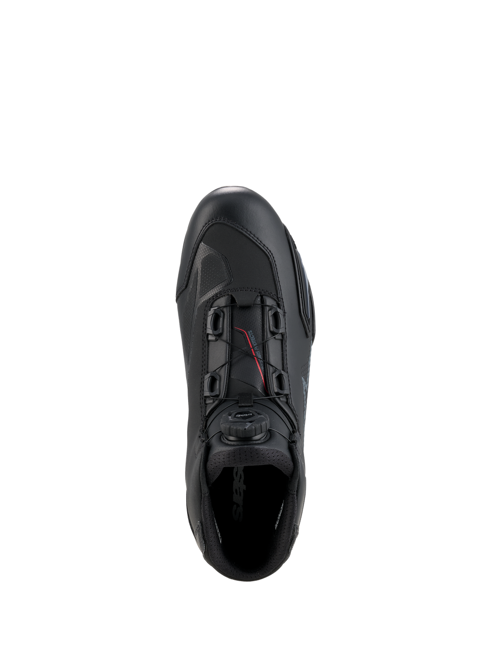 Alpinestars Celer Shoes, Motorcycle Riding Shoes, Black and Dark Gray, top-down view showing the Rotor Closure System dial and cables, technical microfiber construction with streamlined racing profile, protective sport footwear