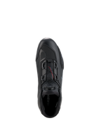 Alpinestars Celer Shoes, Motorcycle Riding Shoes, Black and Dark Gray, top-down view showing the Rotor Closure System dial and cables, technical microfiber construction with streamlined racing profile, protective sport footwear