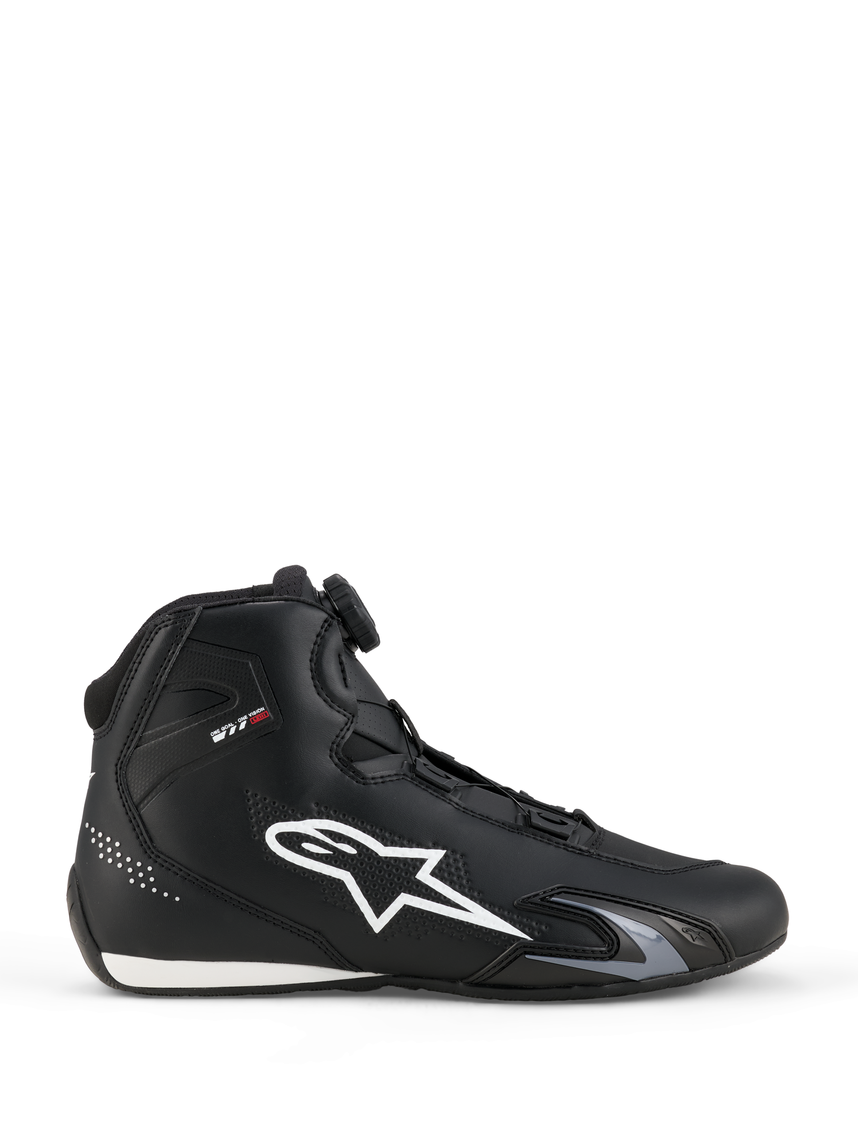 Alpinestars Celer Schoenen, motorschoenen, zwart en wit, lateraal zijprofiel met groot wit sterlogo, draaiknop van het Rotor-sluitingssysteem voor pasvormaanpassing, en een strak sportief silhouet