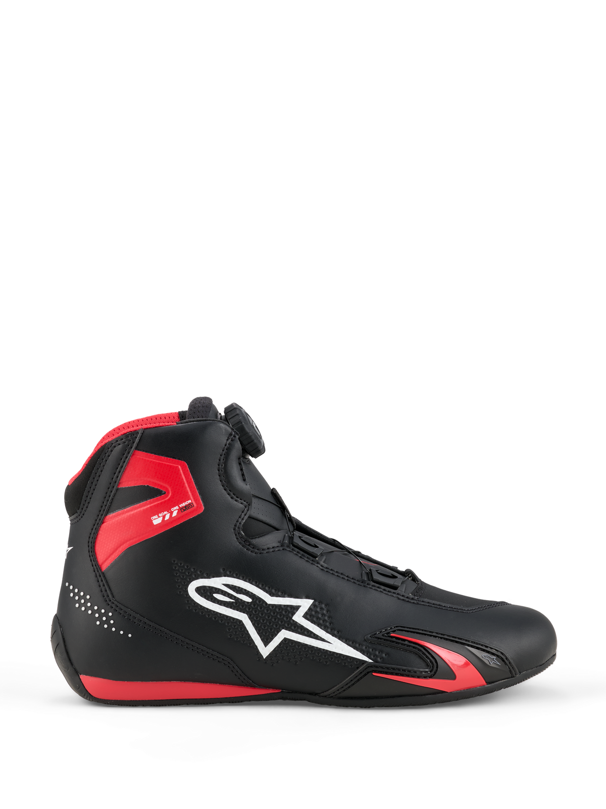 Chaussures Alpinestars Celer, chaussures de moto, noir et rouge vif, vue de profil avec logo Alpinestars blanc, molette du système de fermeture Rotor, protection de cheville en TPU rouge et conception épurée en microfibre pour le sport et la course