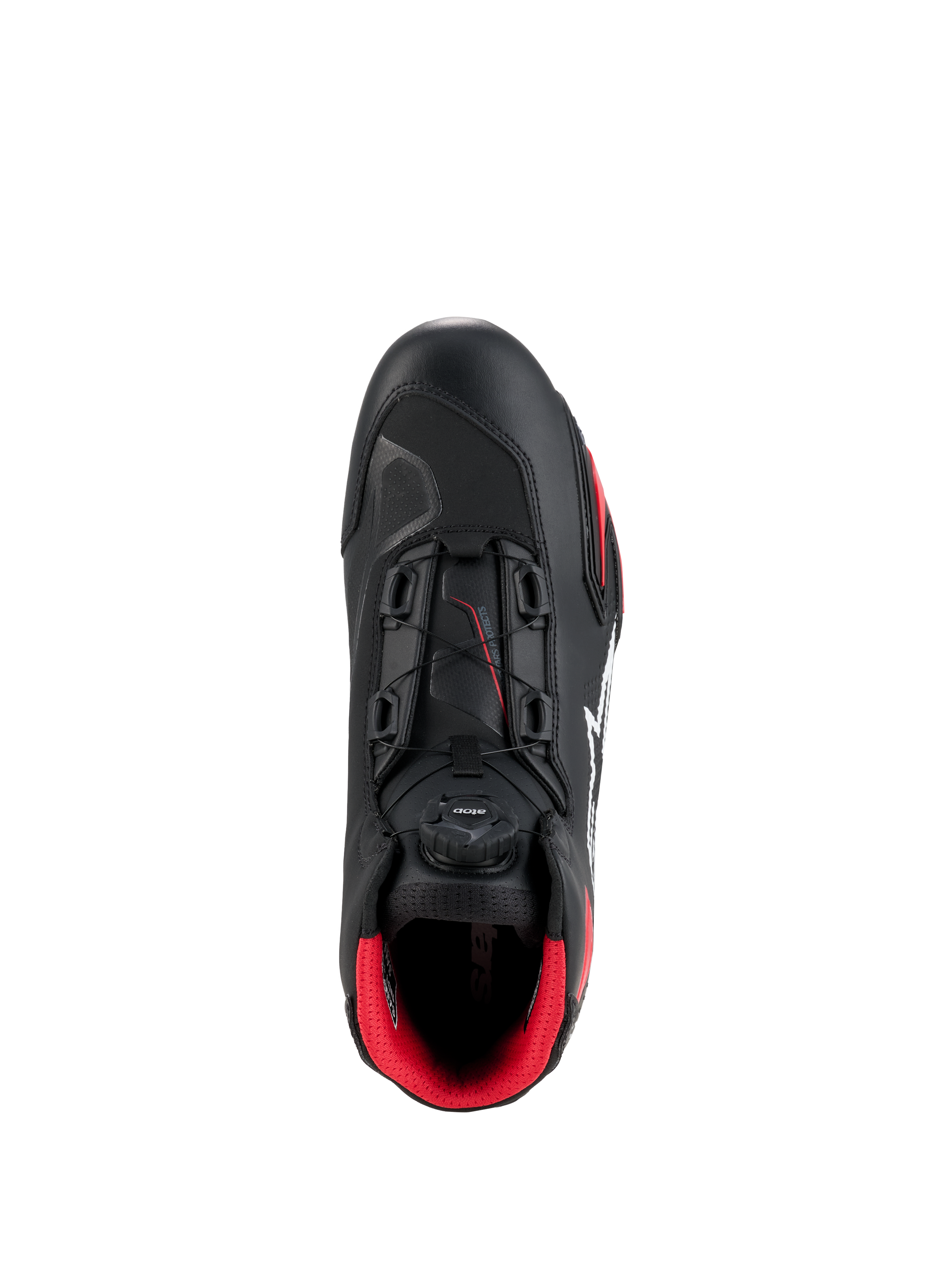 Chaussures Alpinestars Celer, Noir et Rouge Vif, vue de dessus mettant en évidence la molette du système de fermeture Rotor, construction technique en microfibre et doublure intérieure rouge vif, chaussures de moto de sport