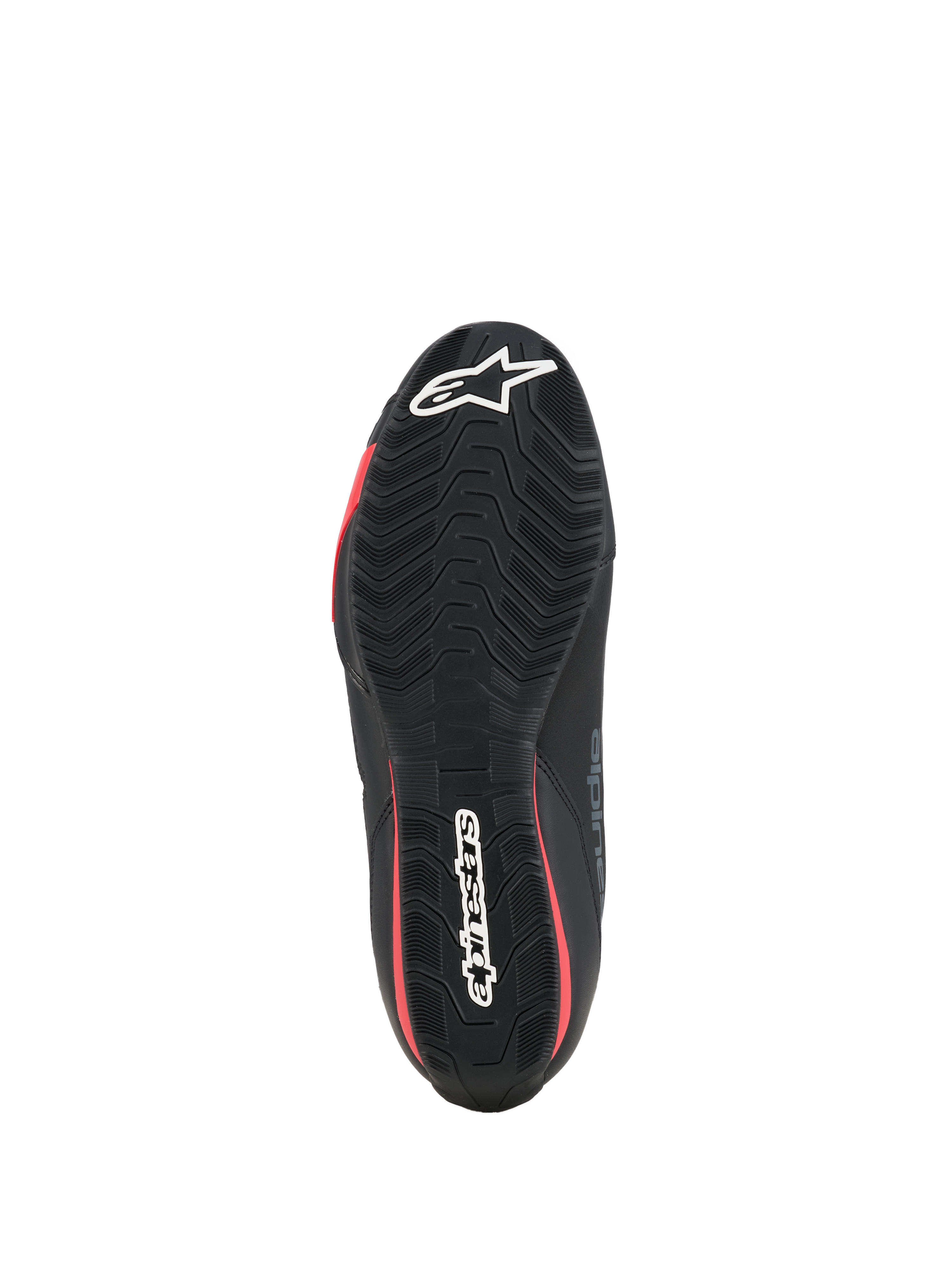 Chaussures Alpinestars Celer, chaussures de moto, noir et rouge vif, vue de dessous montrant la semelle en caoutchouc texturée avec logo Alpinestars blanc et accents rouges.