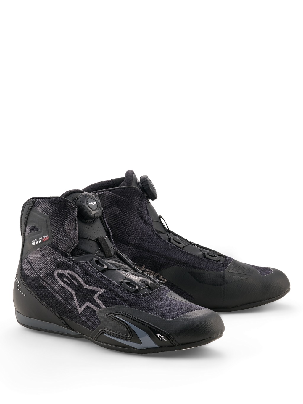 Alpinestars Celer Superair Schuhe, Motorradschuhe, Schwarz und Dunkelgrau, mit Rotor-Verschlusssystem, hoch luftdurchlässigem Textil-Obermaterial, schlankes sportliches Profil mit Alpinestars-Branding, konzipiert für Fahrten bei warmem Wetter.