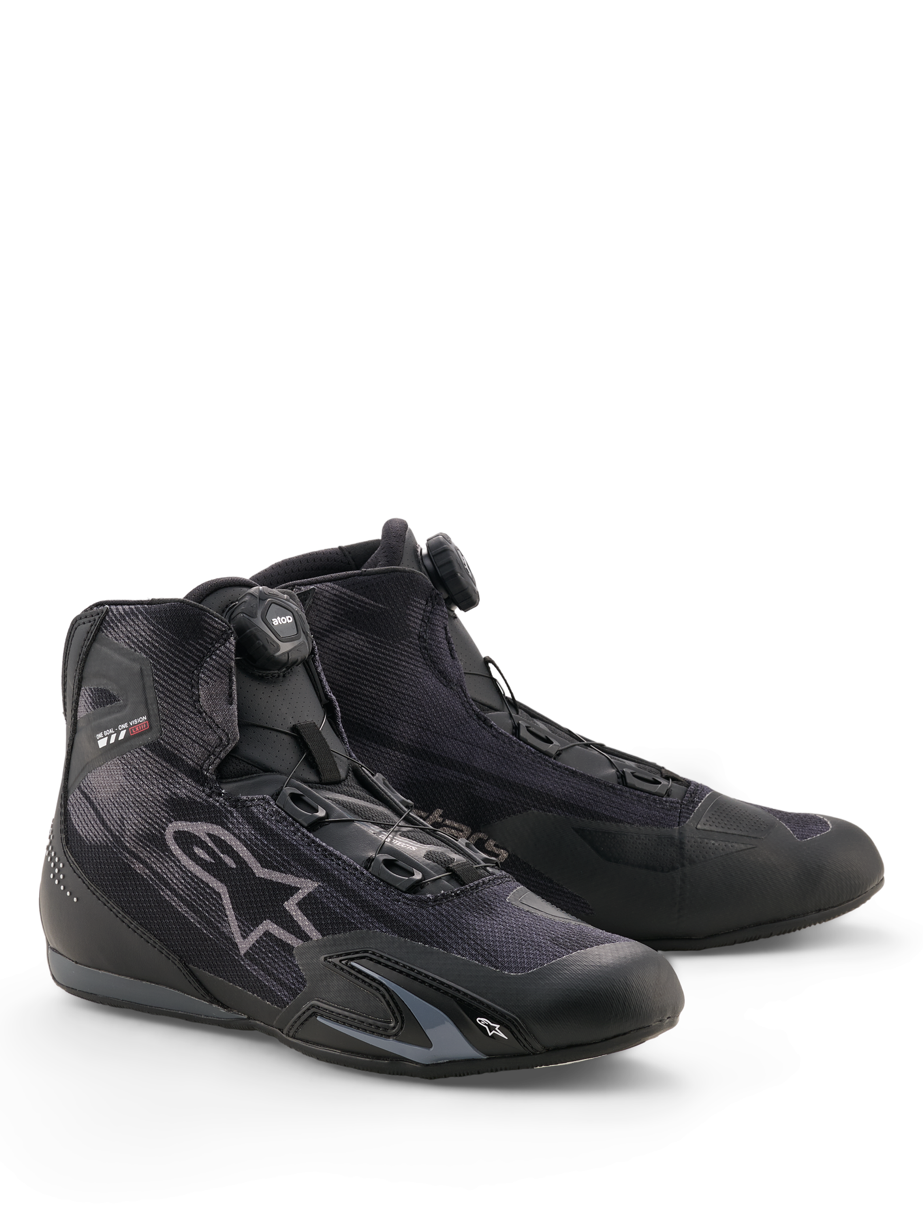 Alpinestars Celer Superair Schuhe, Motorradschuhe, Schwarz und Dunkelgrau, mit Rotor-Verschlusssystem, hoch luftdurchlässigem Textil-Obermaterial, schlankes sportliches Profil mit Alpinestars-Branding, konzipiert für Fahrten bei warmem Wetter.
