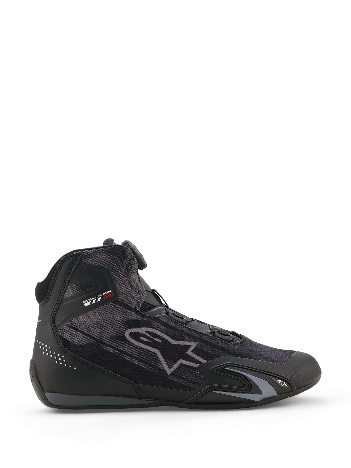 Alpinestars Celer Superair schoenen, motorschoenen, zwart en donkergrijs, zijprofiel met textielconstructie voor hoge luchtstroom, voorzien van een Rotor-sluitingssysteem en beschermende TPU-verstevigingen, gestroomlijnd sportief motorsportontwerp.