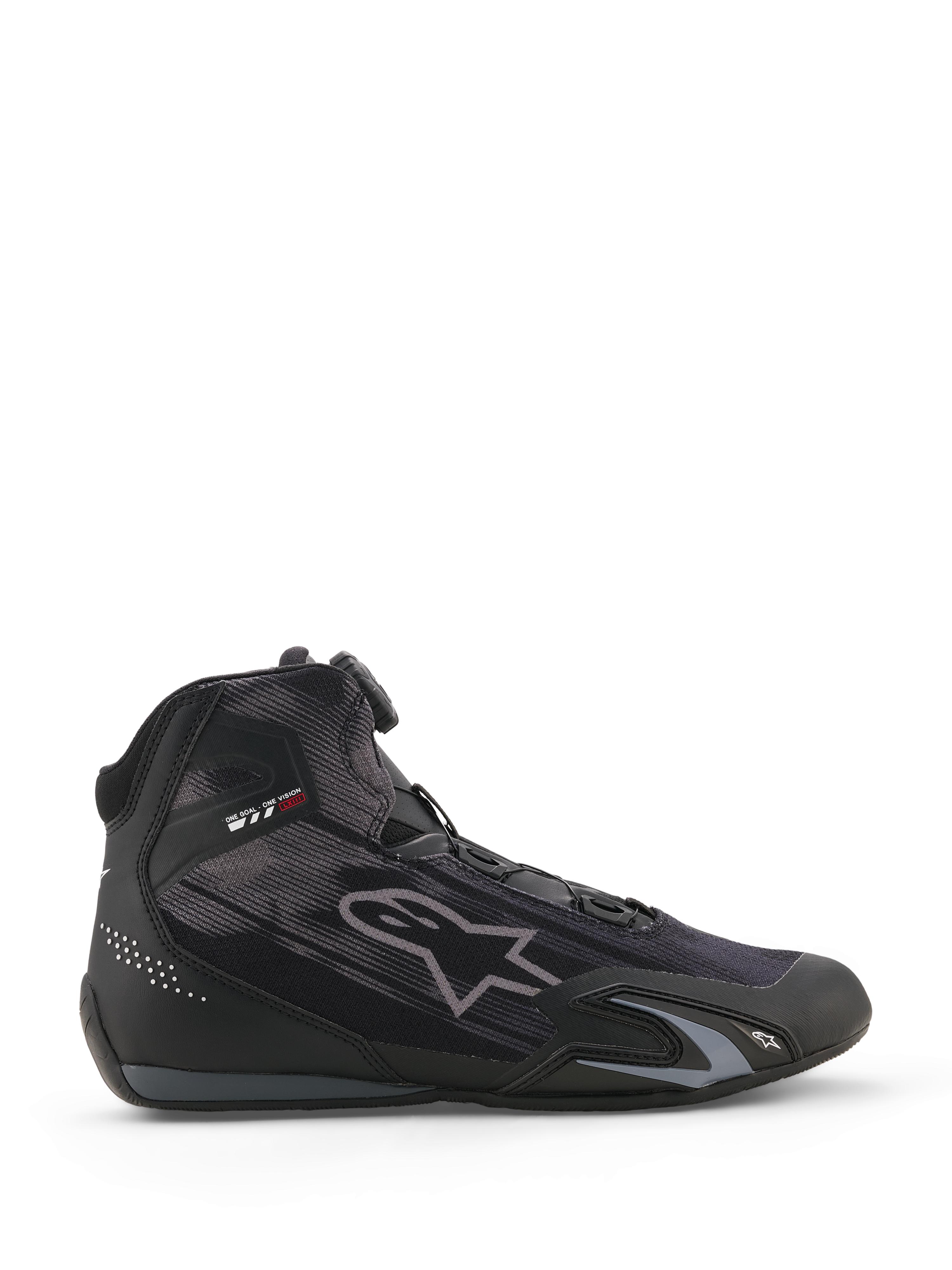Alpinestars Celer Superair Schuhe, Motorradschuhe, Schwarz und Dunkelgrau, Seitenprofil mit hochluftdurchlässiger Textilkonstruktion, ausgestattet mit Rotor-Verschlusssystem und schützenden TPU-Verstärkungen, schlankes sportliches Motorsport-Design