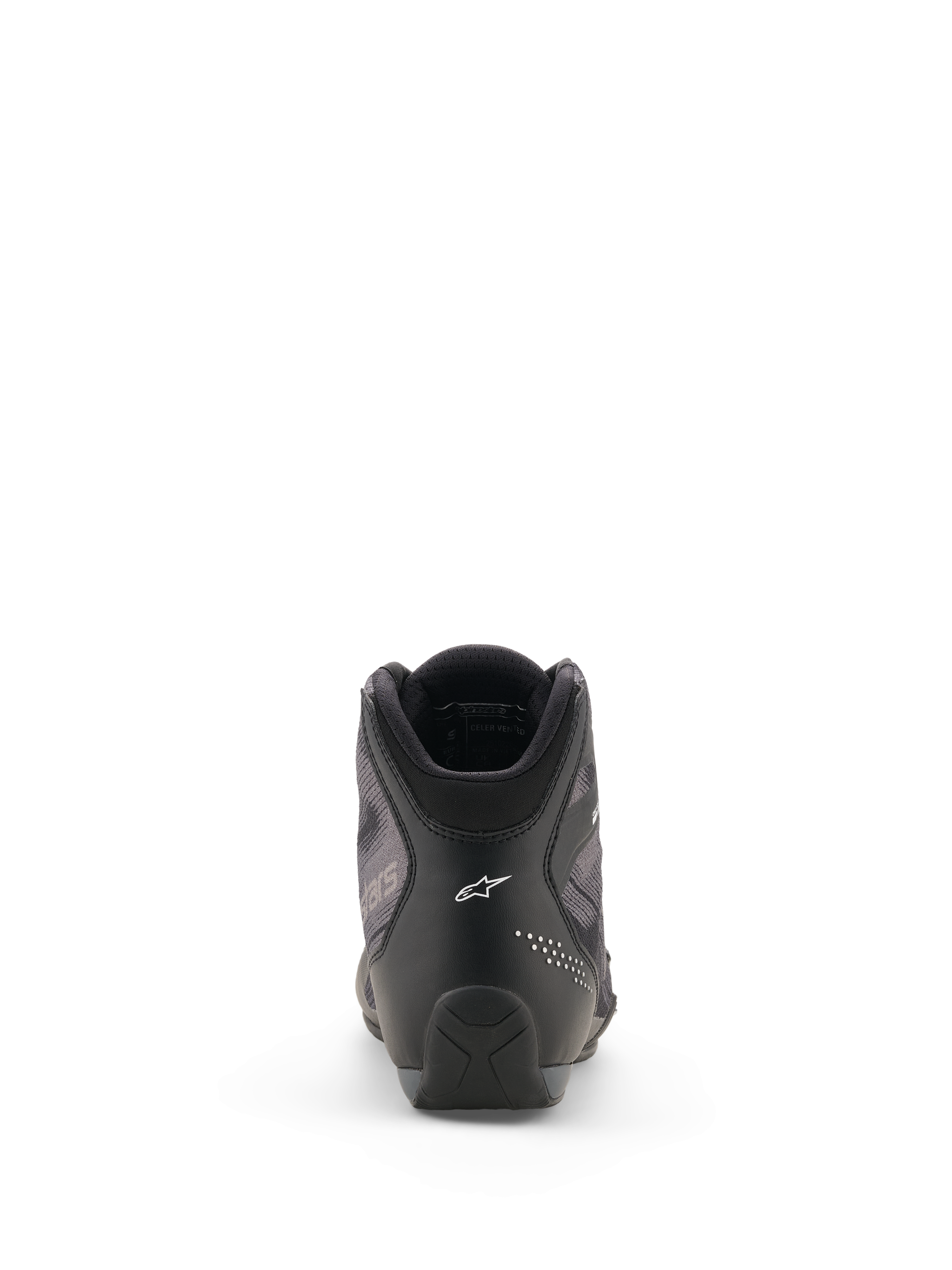 Alpinestars Celer Superair Schuhe, Motorradschuhe, Schwarz und Dunkelgrau, Rückansicht mit weißem Alpinestars-Logo an der Ferse, technische Mikrofaser- und Airflow-Textilkonstruktion, schlankes sportliches Design
