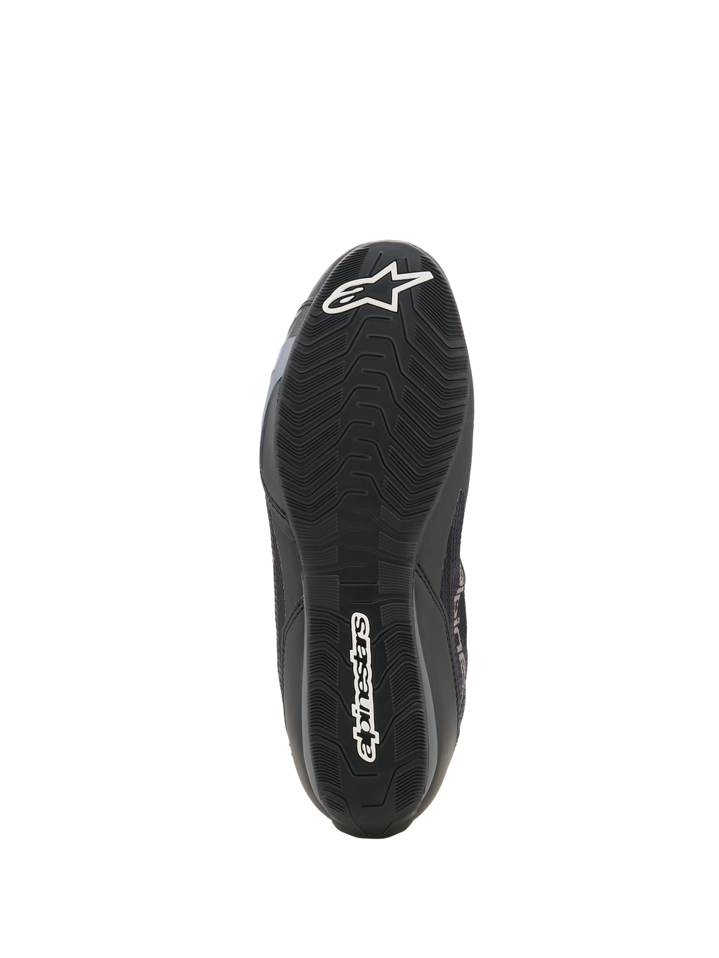 Alpinestars Celer Superair Schuhe, Motorradschuhe, Schwarz und Dunkelgrau, Unteransicht der texturierten, ölbeständigen Gummilaufsohle mit weißem Alpinestars Stern-Logo an der Spitze und Schriftzug an der Ferse
