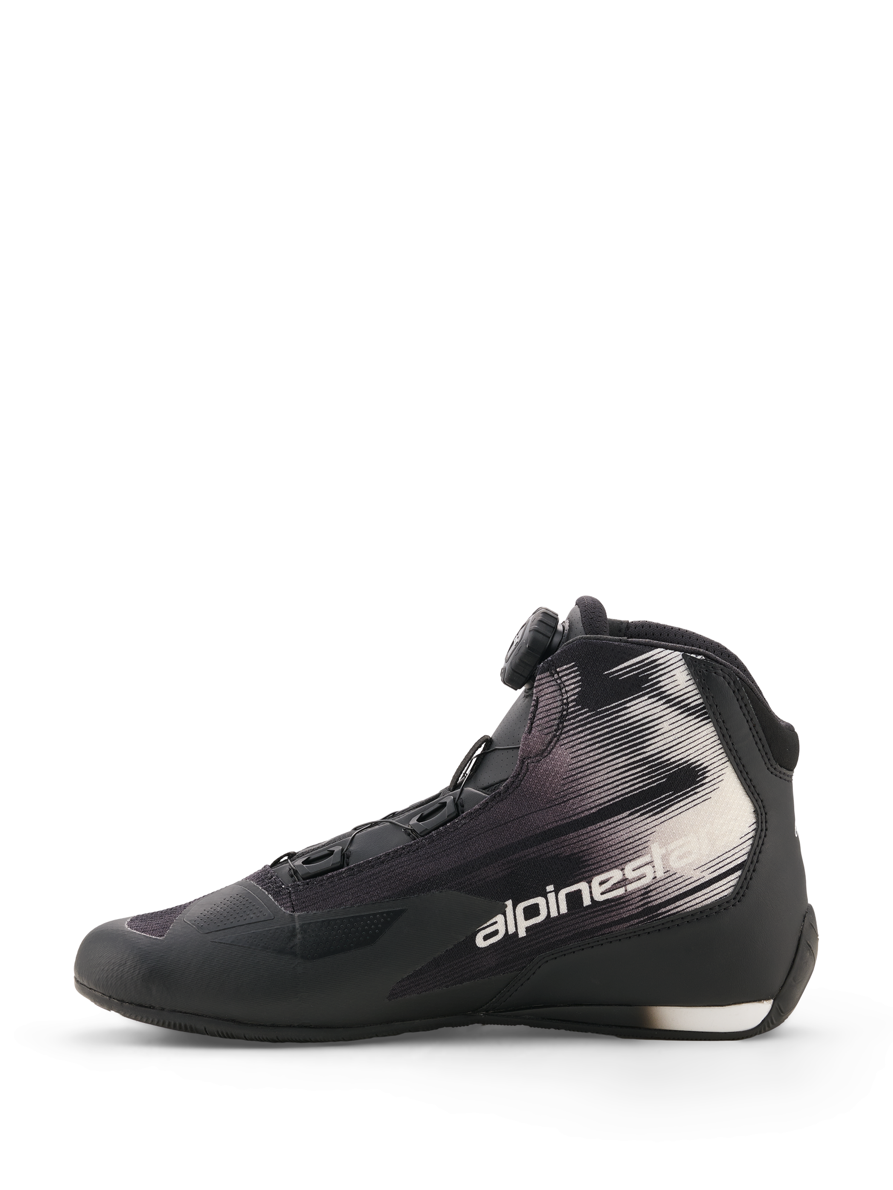 Alpinestars Celer Superair Shoes, Black and White, motorcycle riding shoes, side profile view, featuring Rotor Closure System dial, textile upper with white graphic patterns and Alpinestars logo, sport and leisure design