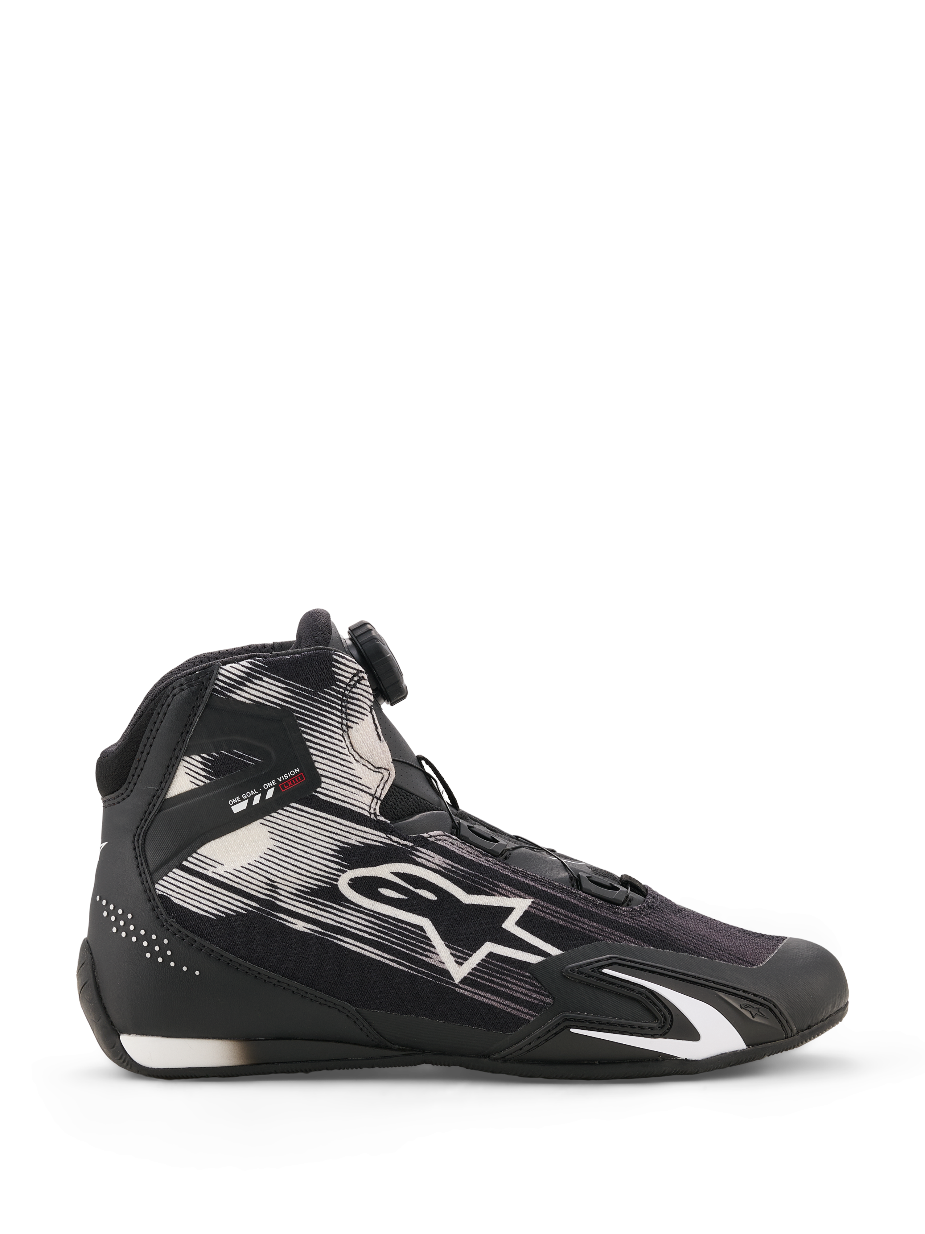Alpinestars Celer Superair Shoes, Motorcycle Riding Shoes, Black and White, side profile view featuring white graphic patterns and large Astar logo, Rotor Closure System on the tongue, TPU ankle protection with 'ONE GOAL ONE VISION' branding, breathable textile upper for warm-weather performance