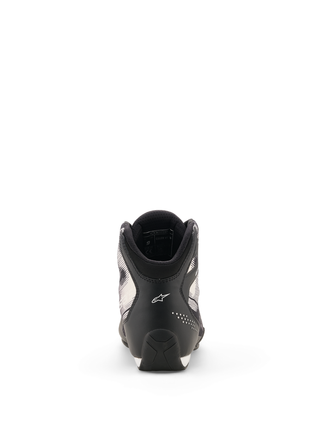 Alpinestars Celer Superair Shoes, Motorcycle Riding Shoes, Black and White, rear view showing the heel with white Astar logo, perforated accents, and textured sole design