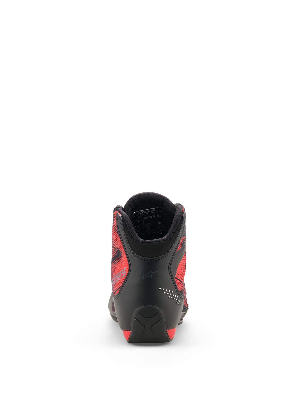 Alpinestars Celer Superair Shoes, Rear View, Black and Bright Red, featuring reinforced microfiber heel, breathable red airflow textile side panels with graphic design, and cushioned collar with 3D mesh lining, sport motorcycle riding footwear