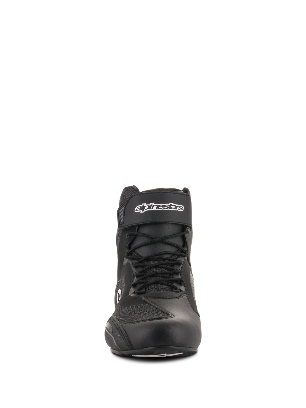 Alpinestars Faster-3 Rideknit® schoenen, motorschoenen, zwart, vooraanzicht, met een klittenband enkelband met wit logo, veters en ademende gebreide mesh-panelen, gestroomlijnde wegraceschoenen