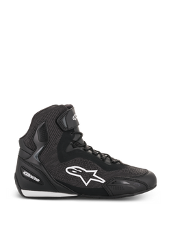 Alpinestars Faster-3 Rideknit Shoes, Black high-top motorcycle riding shoe, white star logo, textured knit and mesh construction, lace closure with ankle strap, reinforced heel and toe, low-profile sole with white accents