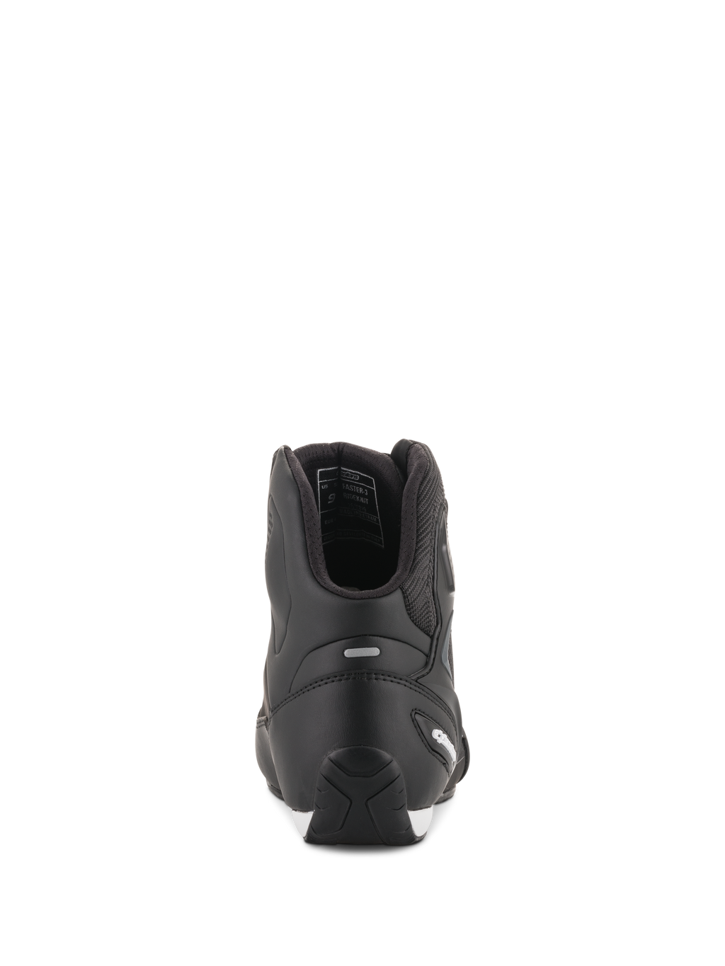 Alpinestars Faster-3 Rideknit® schoenen, zwarte motorschoenen, achteraanzicht met TPR-hielkap en microvezelconstructie, slank en beschermend wegrace-schoeisel