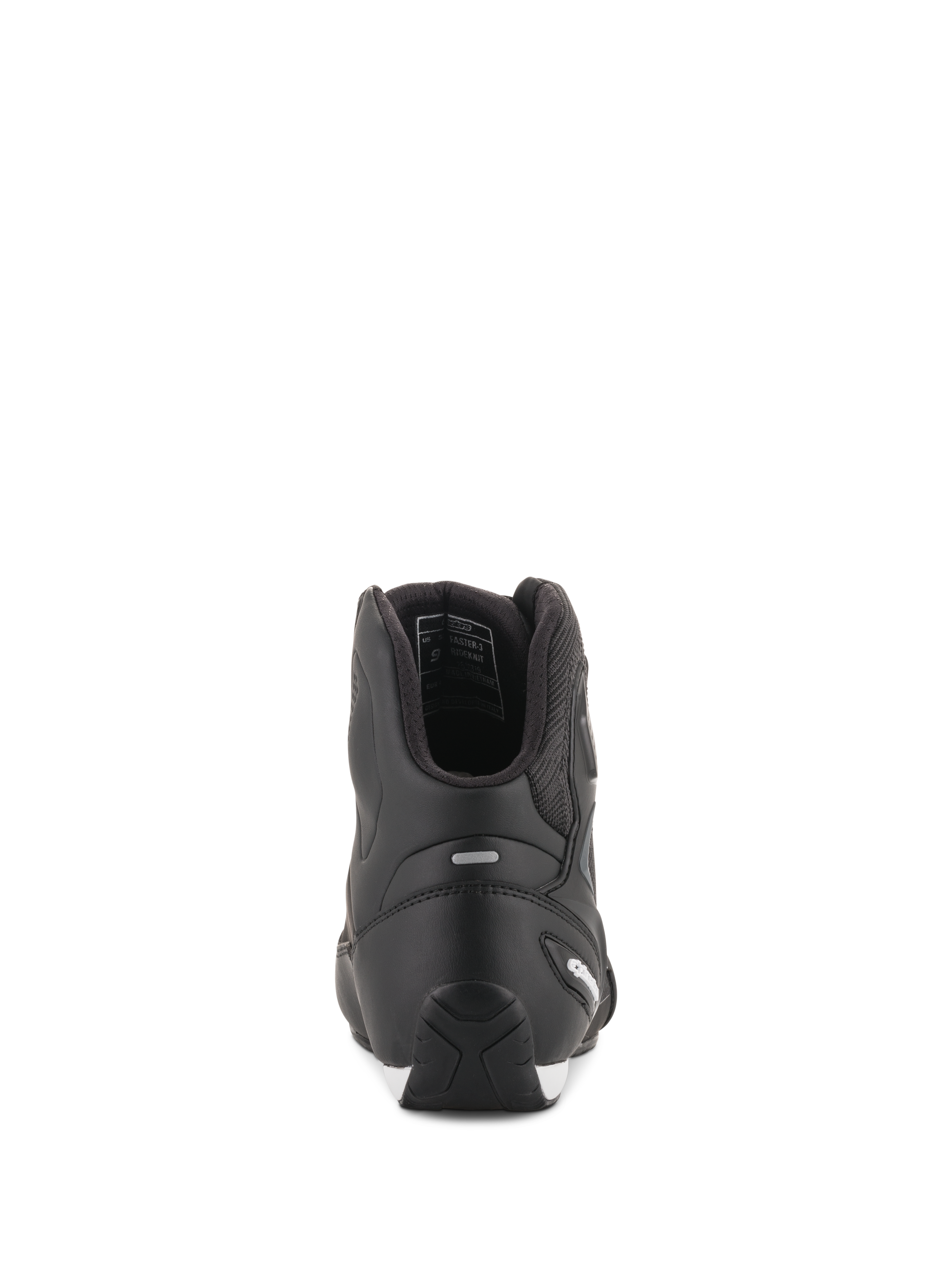 Alpinestars Faster-3 Rideknit® schoenen, zwarte motorschoenen, achteraanzicht met TPR-hielkap en microvezelconstructie, slank en beschermend wegrace-schoeisel