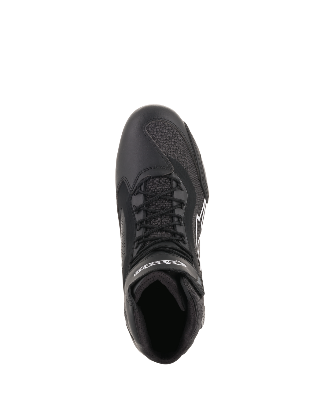 Alpinestars Faster-3 Rideknit® schoenen, zwart, bovenaanzicht met veters en ademende mesh-panelen, lichtgewicht microvezel en gebreide constructie, performance motorschoenen