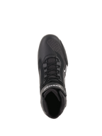 Alpinestars Faster-3 Rideknit® schoenen, zwart, bovenaanzicht met veters en ademende mesh-panelen, lichtgewicht microvezel en gebreide constructie, performance motorschoenen