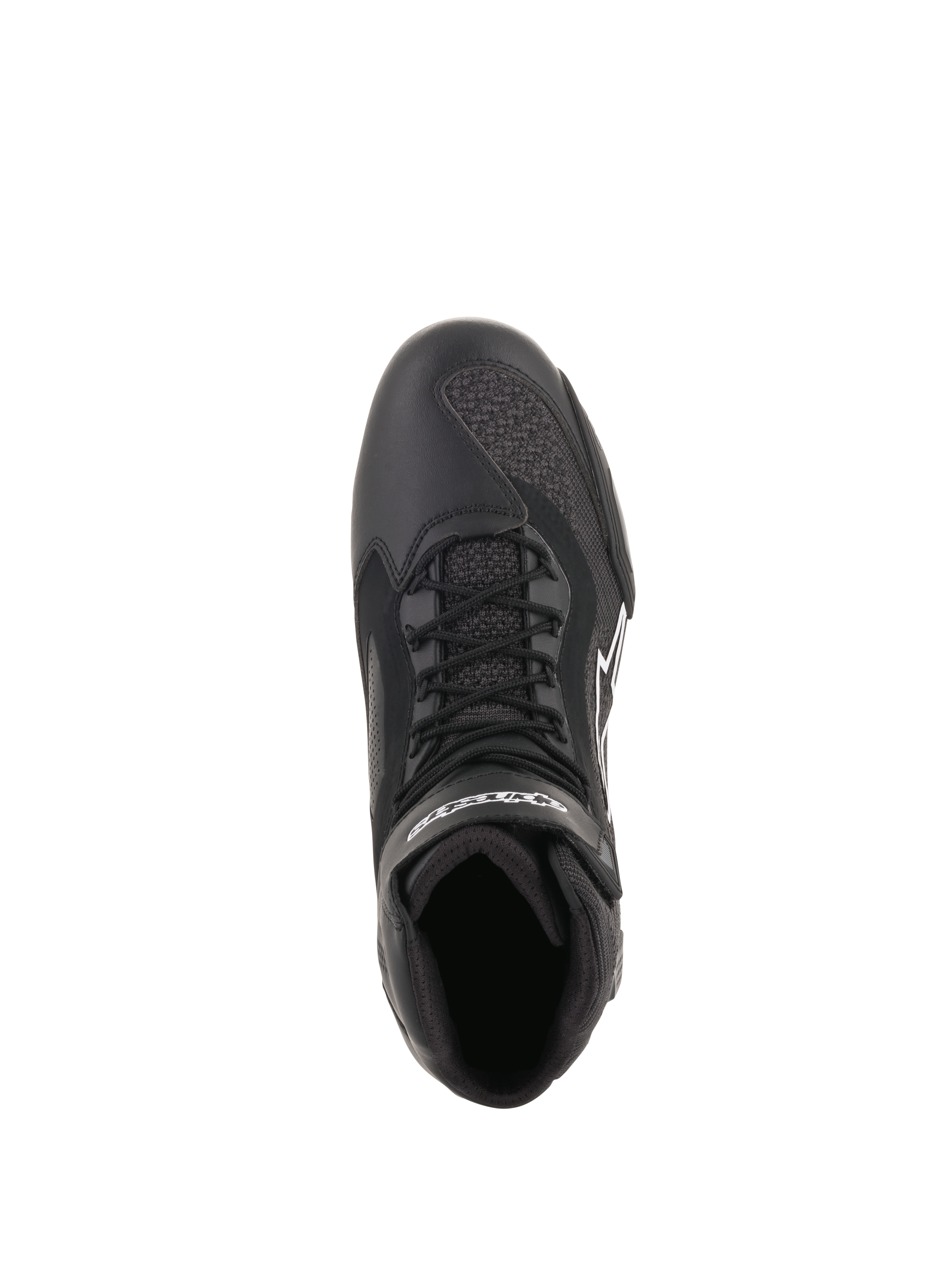 Alpinestars Faster-3 Rideknit® schoenen, zwart, bovenaanzicht met veters en ademende mesh-panelen, lichtgewicht microvezel en gebreide constructie, performance motorschoenen