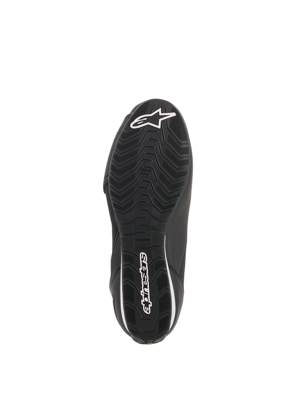 Alpinestars Faster-3 Rideknit® schoenen, zwart, onderaanzicht van de zool met een golvend profielpatroon, wit Alpinestars-logo en woordmerk, performance motorrijschoen