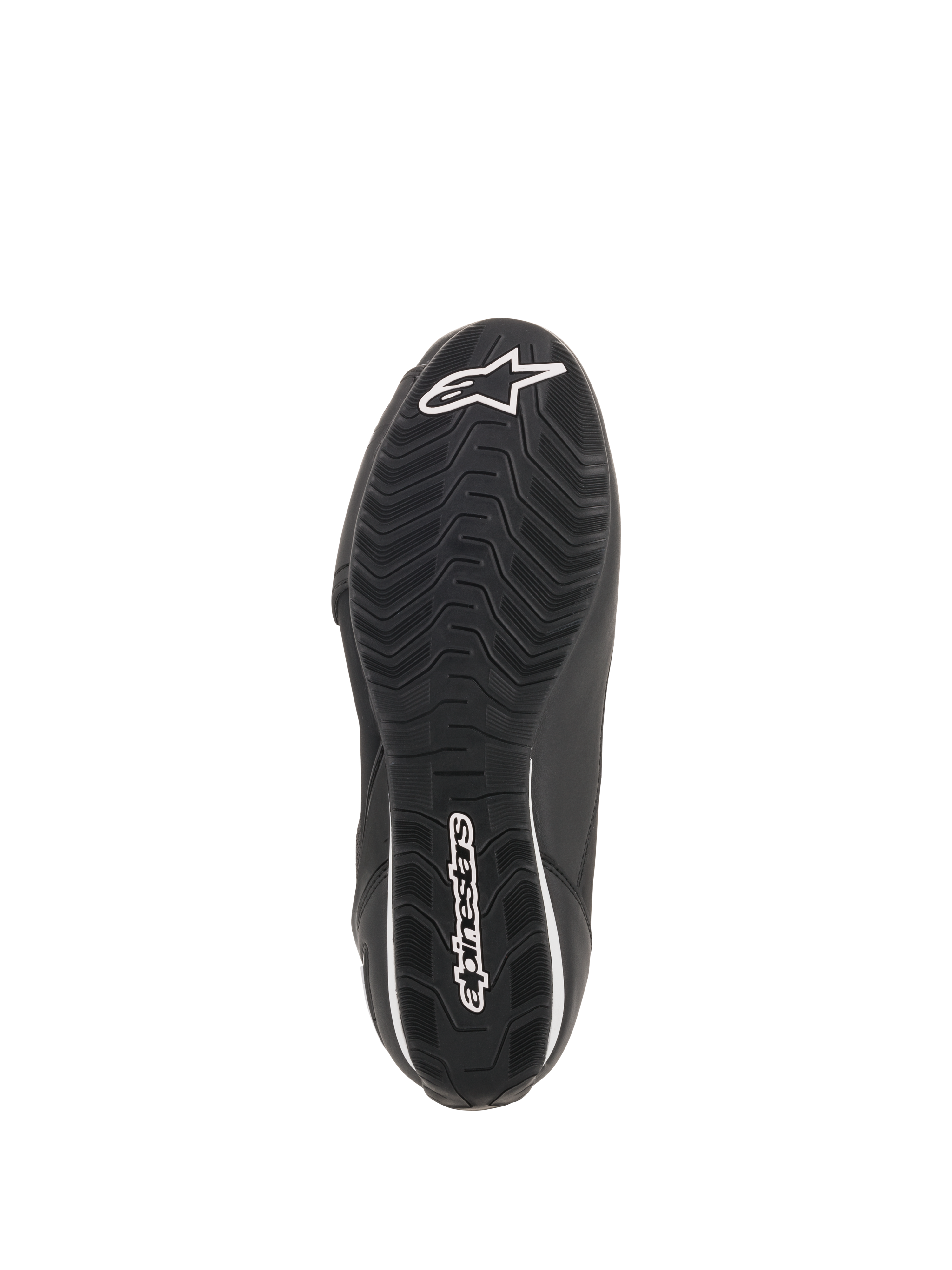 Alpinestars Faster-3 Rideknit® schoenen, zwart, onderaanzicht van de zool met een golvend profielpatroon, wit Alpinestars-logo en woordmerk, performance motorrijschoen
