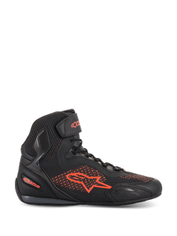 Alpinestars Faster-3 Rideknit® Shoes, Motorcycle Riding Shoe, Black and Red Fluo, lateral profile view, breathable knit and microfiber upper, fluorescent red Alpinestars logo and branding, lightweight protective footwear for road and urban riding