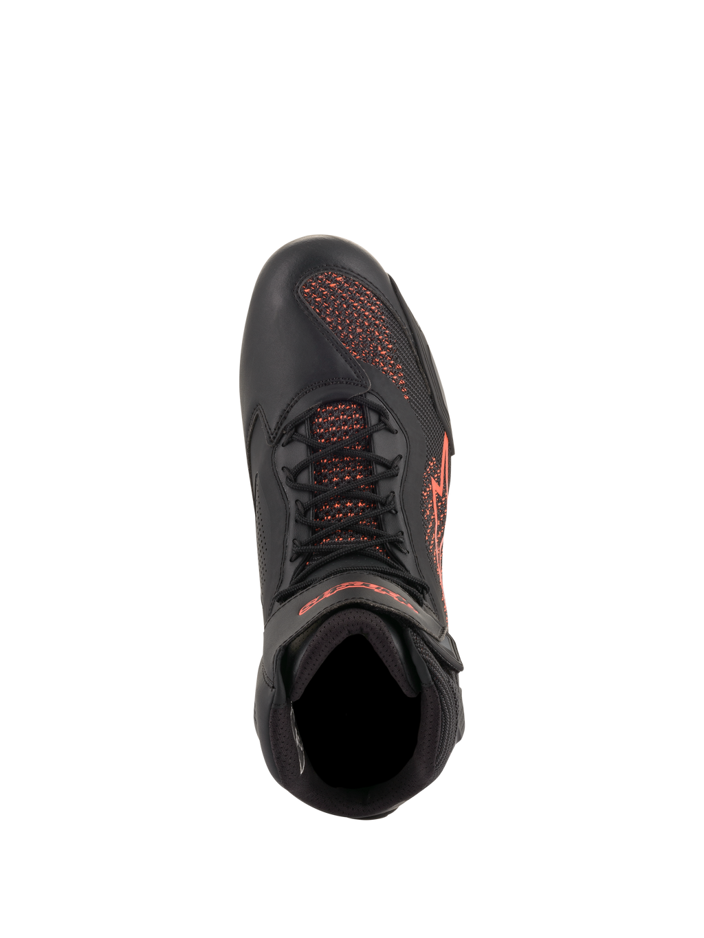 Alpinestars Faster-3 Rideknit® Shoes, Motorcycle Riding Shoes, Black and Red Fluorescent, top-down view, featuring breathable knit panels and microfiber construction with red logo details