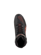 Alpinestars Faster-3 Rideknit® Shoes, Motorcycle Riding Shoes, Black and Red Fluorescent, top-down view, featuring breathable knit panels and microfiber construction with red logo details