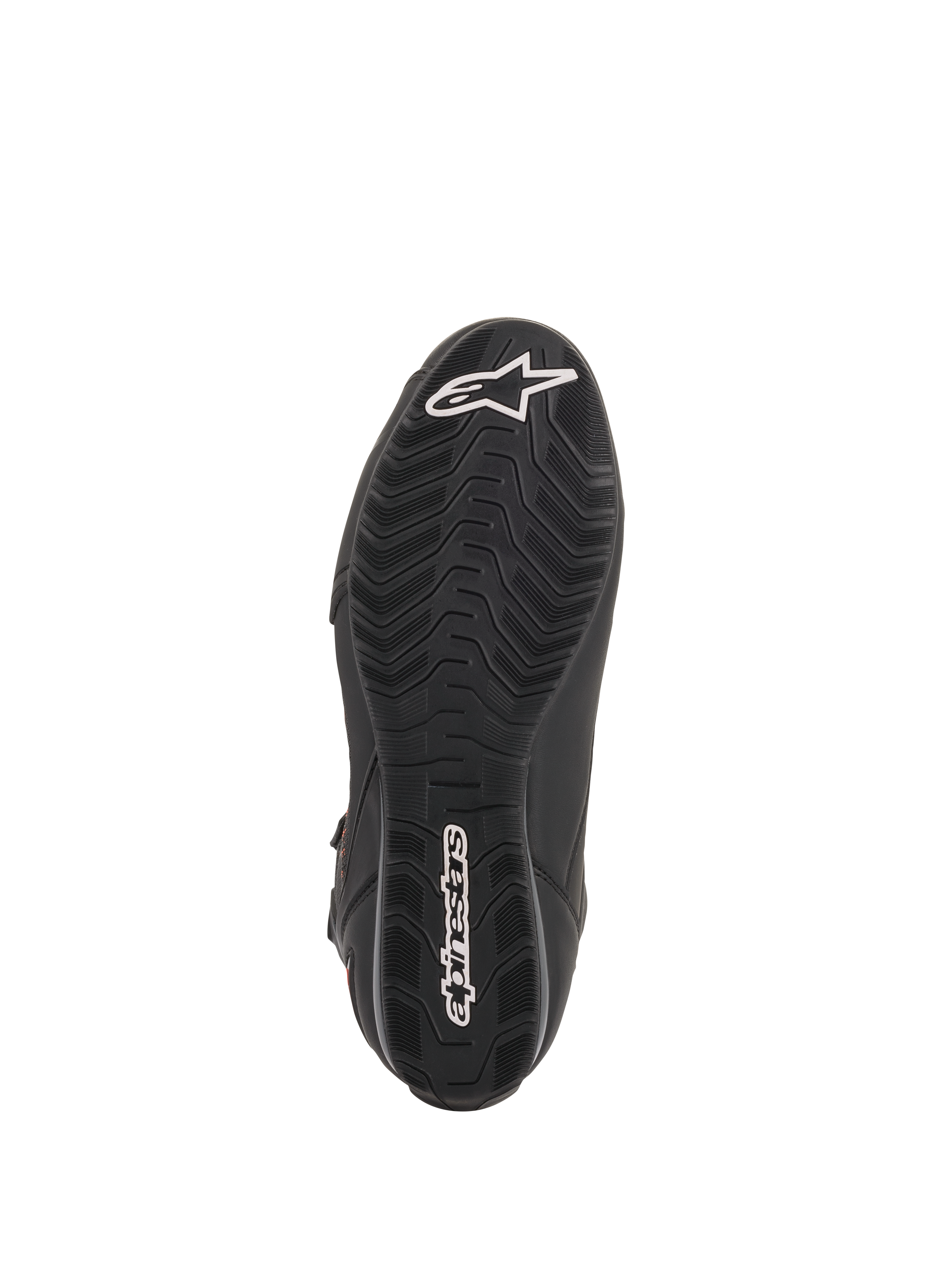Alpinestars Faster-3 Rideknit® Shoes, Black Motorcycle Riding Shoes, Sole View featuring a textured grip pattern and white Alpinestars logos on the toe and heel