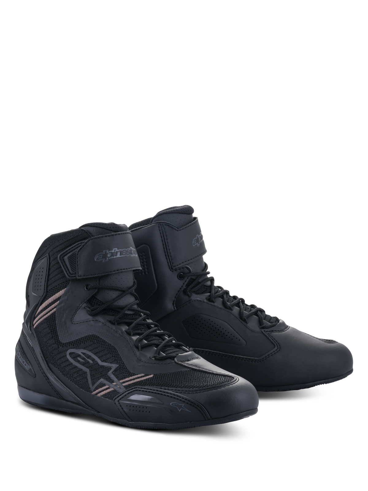 Alpinestars Faster-3 Rideknit® Schuhe, Motorradschuhe, Schwarz, mit einem leichten Obermaterial aus Mikrofaser und Mesh, Schnürverschluss mit Klettverschluss am Knöchel und schlankem Straßenrenn-Design.
