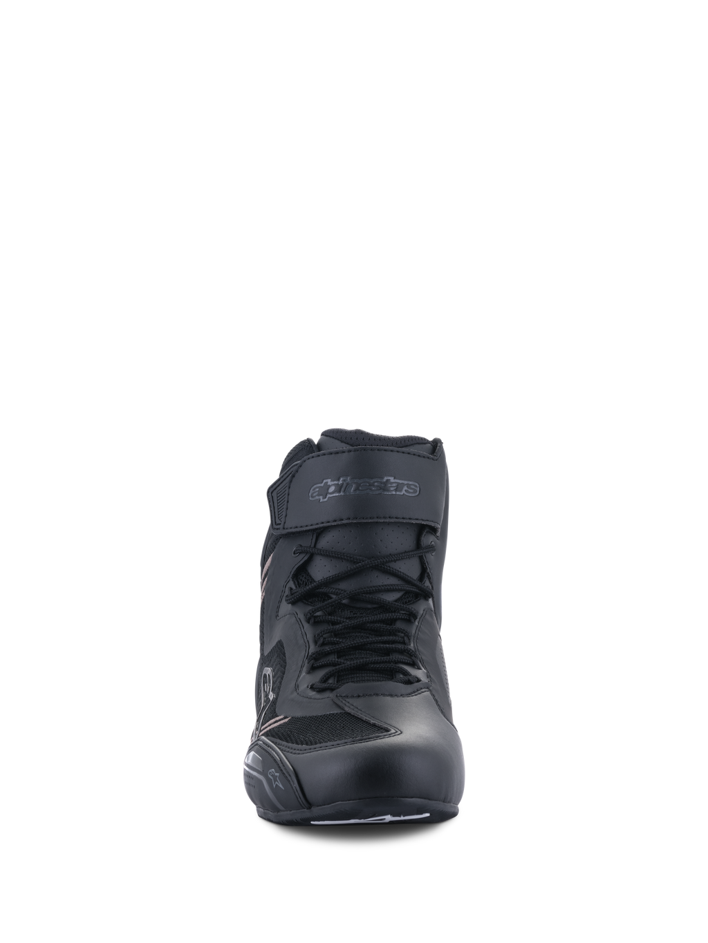 Alpinestars Faster-3 Rideknit® schoenen, motorschoenen, zwart zwart, vooraanzicht met veters en klittenbandsluiting rond de enkel, lichtgewicht constructie van microvezel en mesh